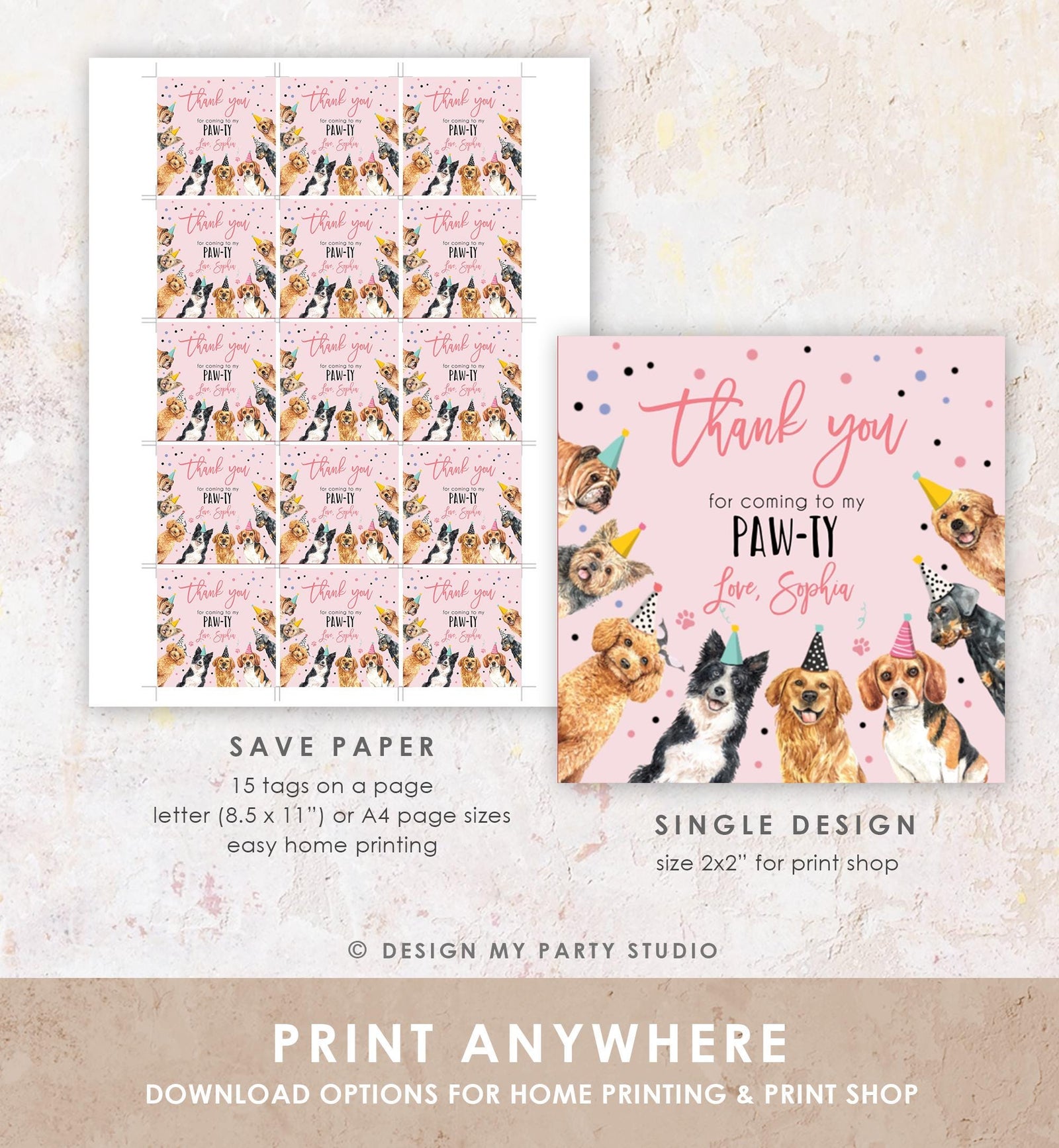 Editable Puppy Favor Tag Puppy Dog Birthday Thank you tag Girl Pink Puppies Pup Pet Vet Animal Doggy Shelter Digital Template Printable 0384