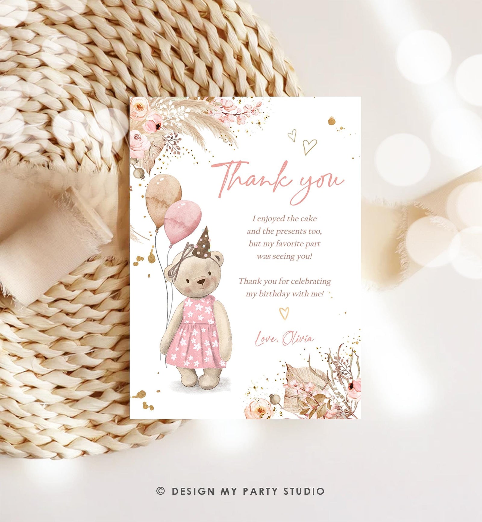 Editable Cute Teddy Bear Thank You Card Rustic Boho Pink Pampas Grass Summer Picnic Note Girl Birthday Digital Template Printable 0421