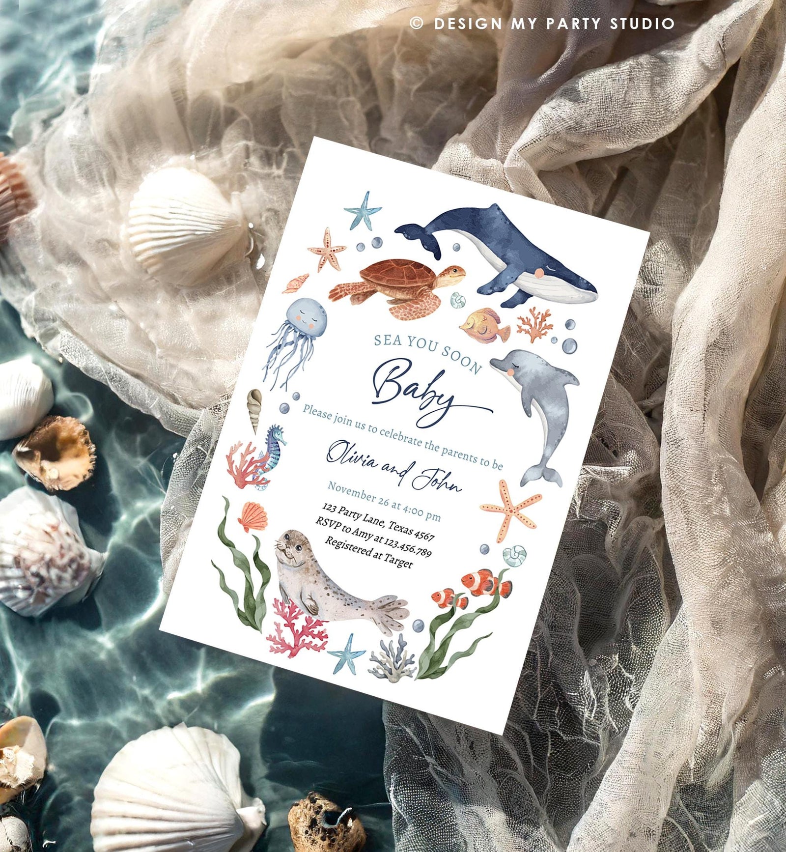Editable Sea You Soon Baby Shower Invitation Nautical Shower Under The Sea Sea Life Ocean Animals Digital Download Template Printable 0504