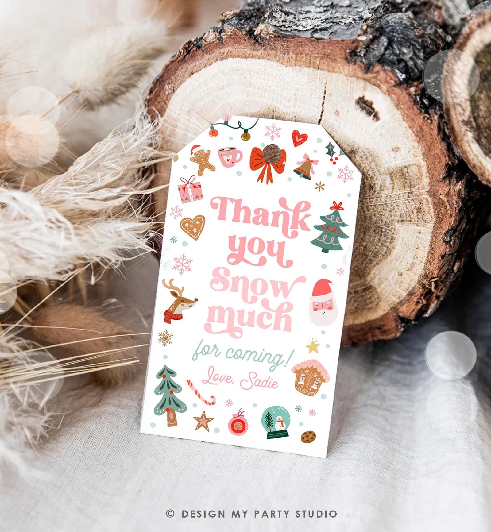 Editable Thank You Snow Much Favor Tag Christmas Winter Wonderland Red Pink Girl First Birthday Party Digital Template Printable 0529