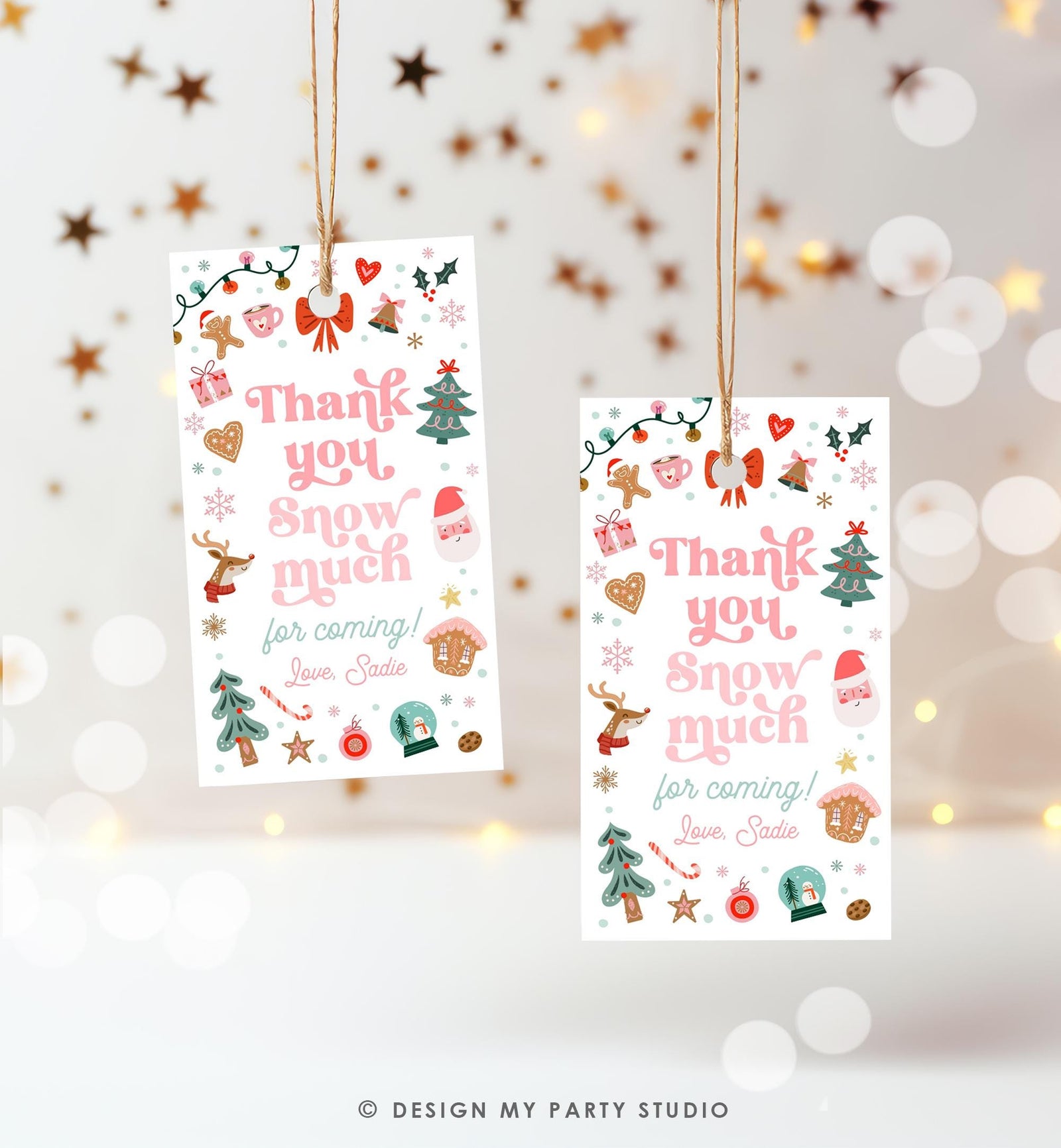 Editable Thank You Snow Much Favor Tag Christmas Winter Wonderland Red Pink Girl First Birthday Party Digital Template Printable 0529