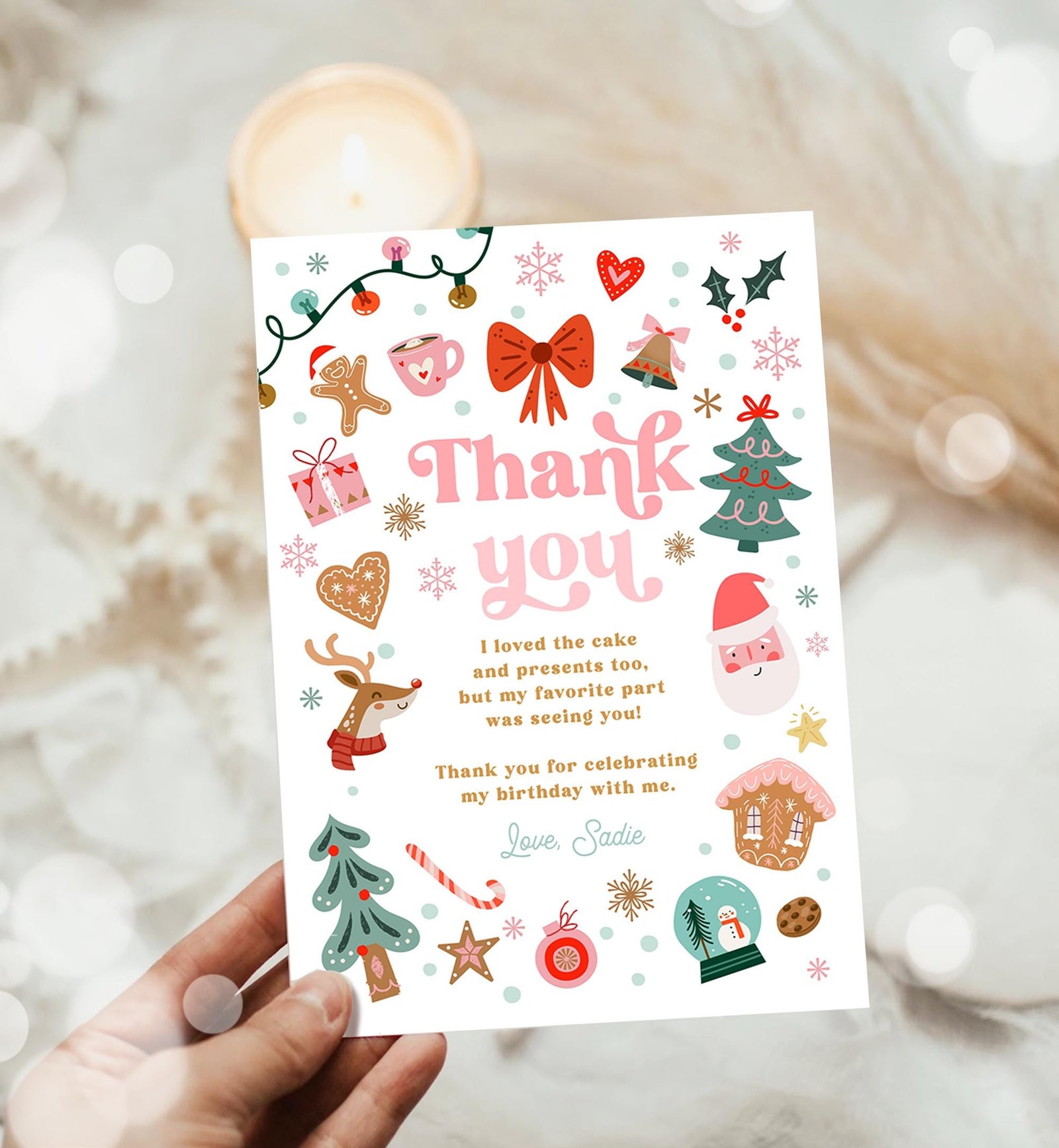 Editable Christmas Thank You Card Winter Onederland First Birthday Party Oh What Fun Pink Girl Snowflake Digital Template Printable 0529