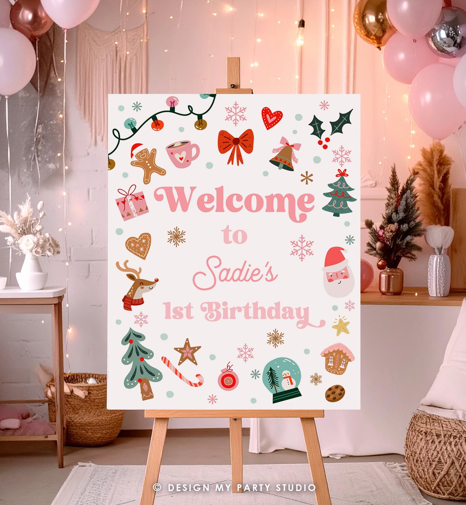 Editable Christmas Welcome Sign Winter Girl Birthday Oh What Fun Girl Pink Santa Claus Cookies Holiday Party Digital Template Printable 0529