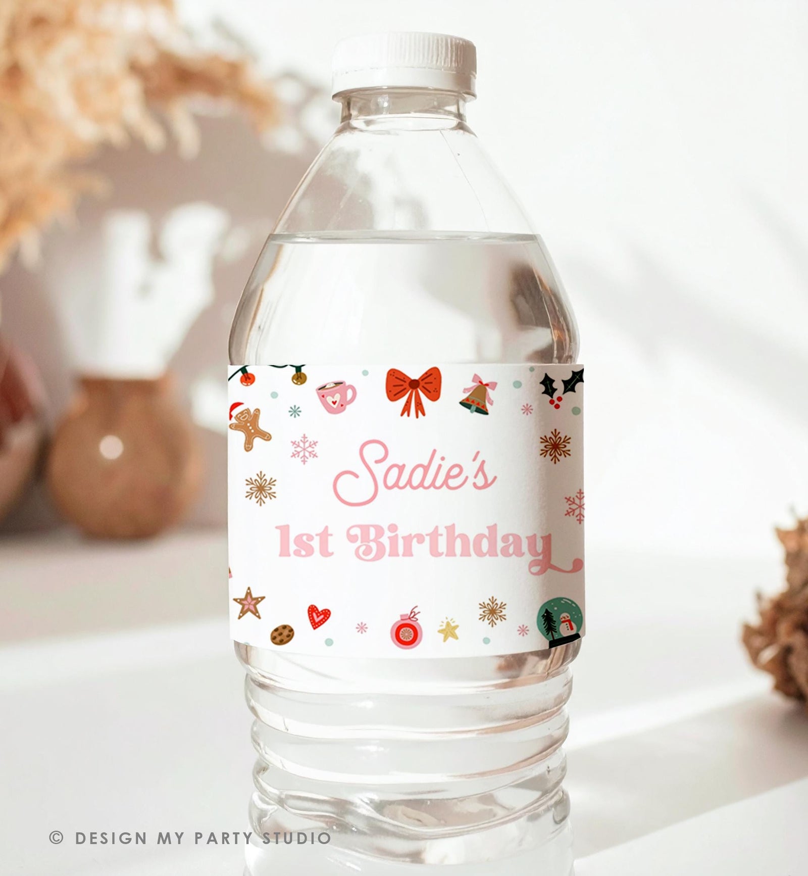 Editable Christmas Water Bottle Label Winter Onederland Wonderland Birthday Party Girl Holiday Digital Template Printable 0529