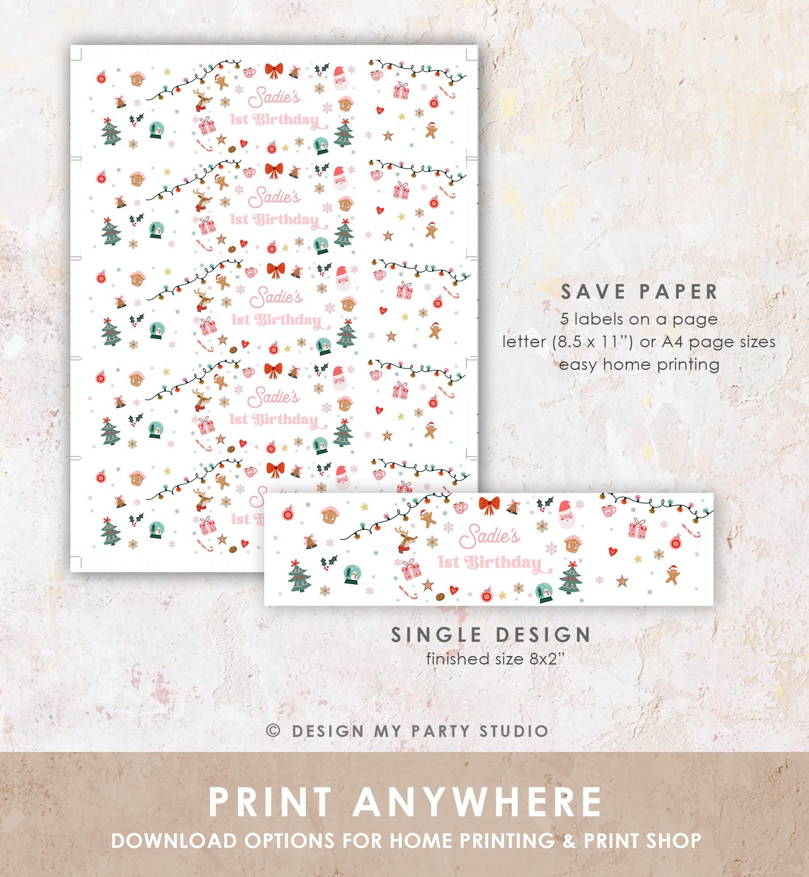 Editable Christmas Water Bottle Label Winter Onederland Wonderland Birthday Party Girl Holiday Digital Template Printable 0529