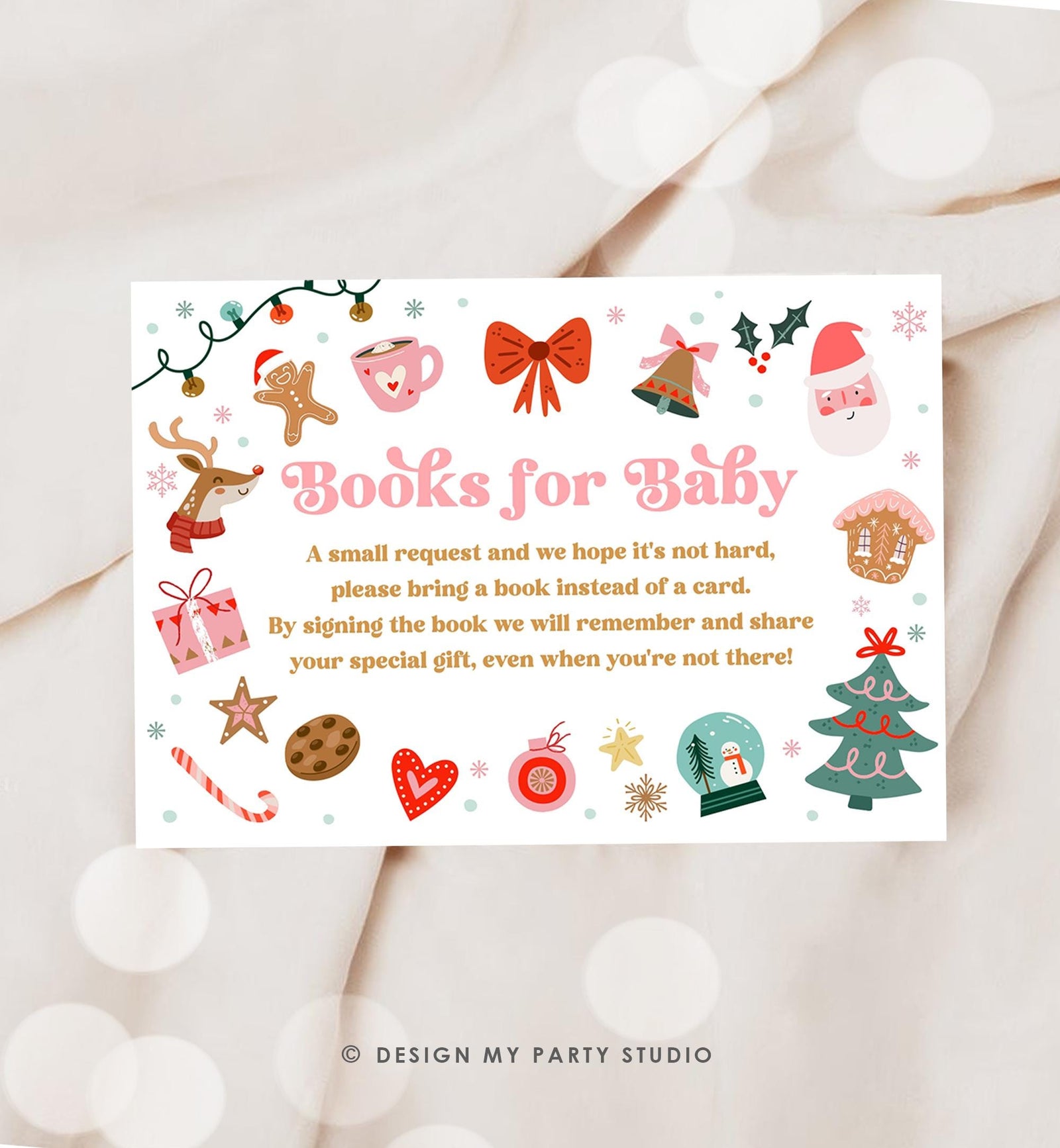 Editable Bring a Book Card Christmas Baby It's Cold Outside Baby Shower Winter Snow Girl Pink Books Request Digital Template Printable 0529