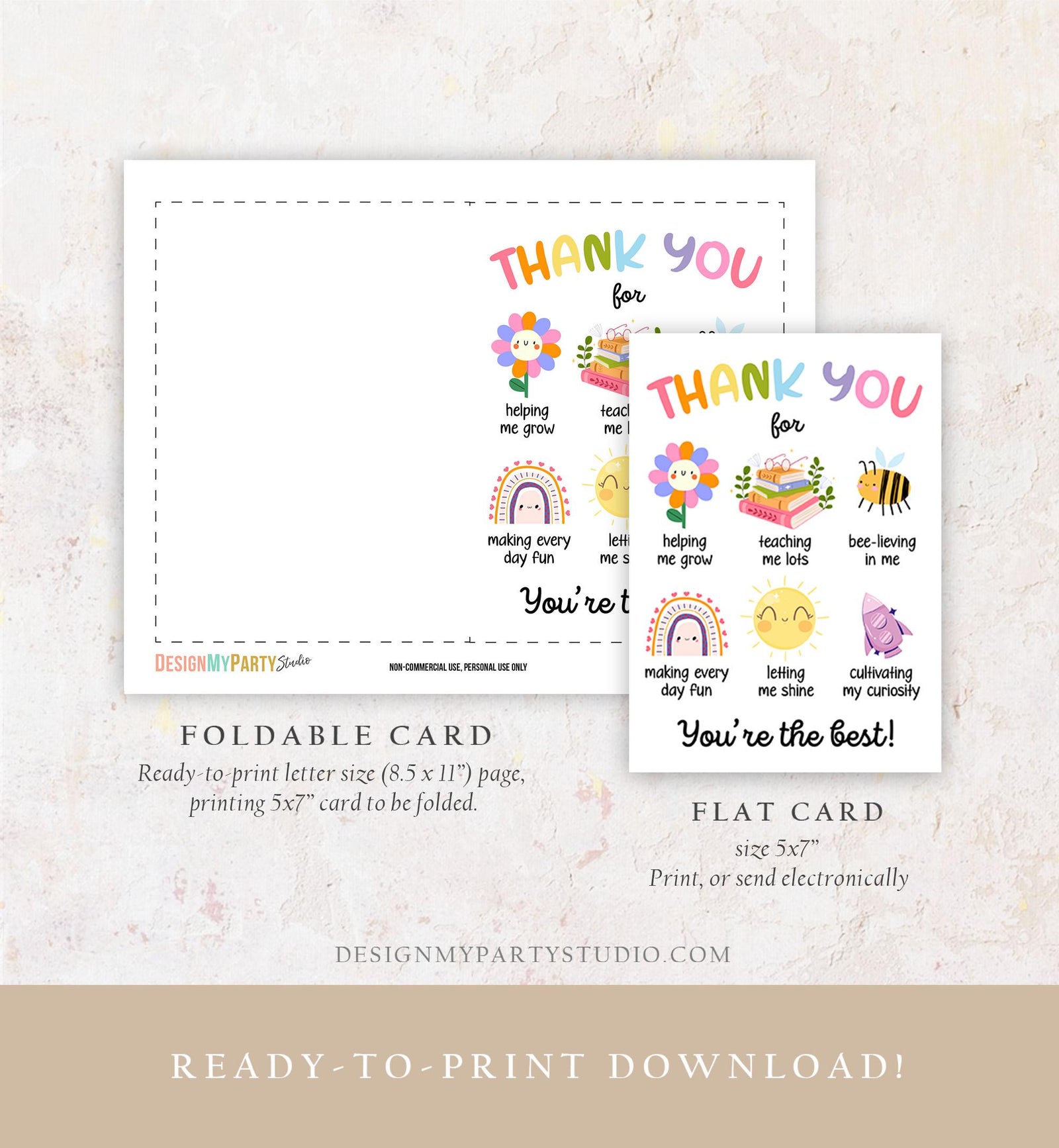Printable Thank You Card Teacher Appreciation Card Gift Tag Preschool Daycare Best Teacher Flat Foldable Digital Printable Instant Download