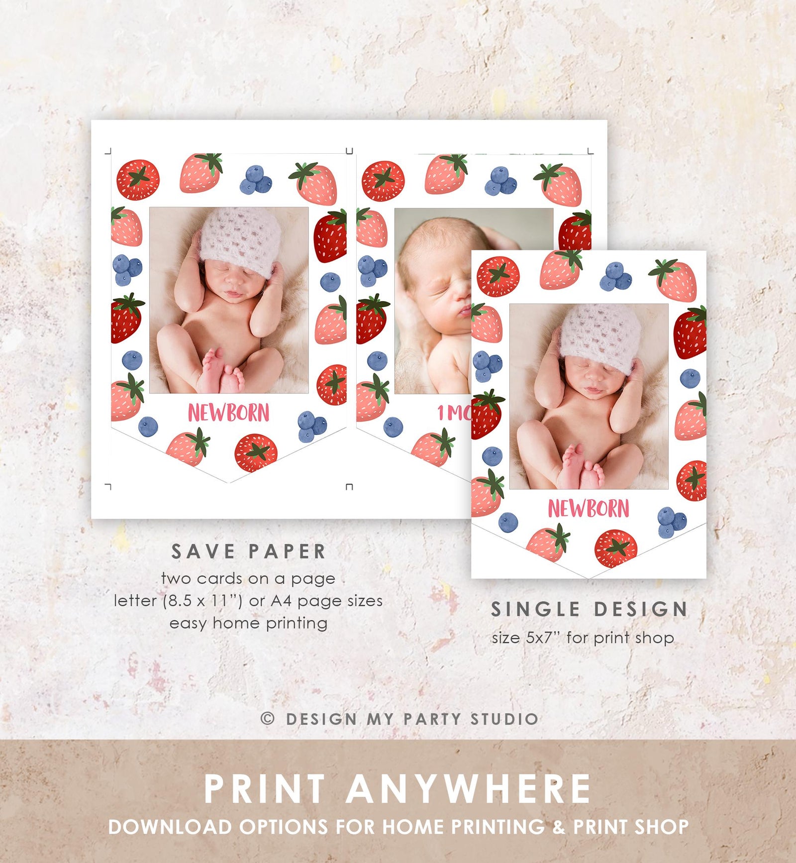 Editable Strawberry Blueberry First Birthday Monthly Photo Banner 1st Birthday Farmers Market Fruit Digital Download Template Printable 0506