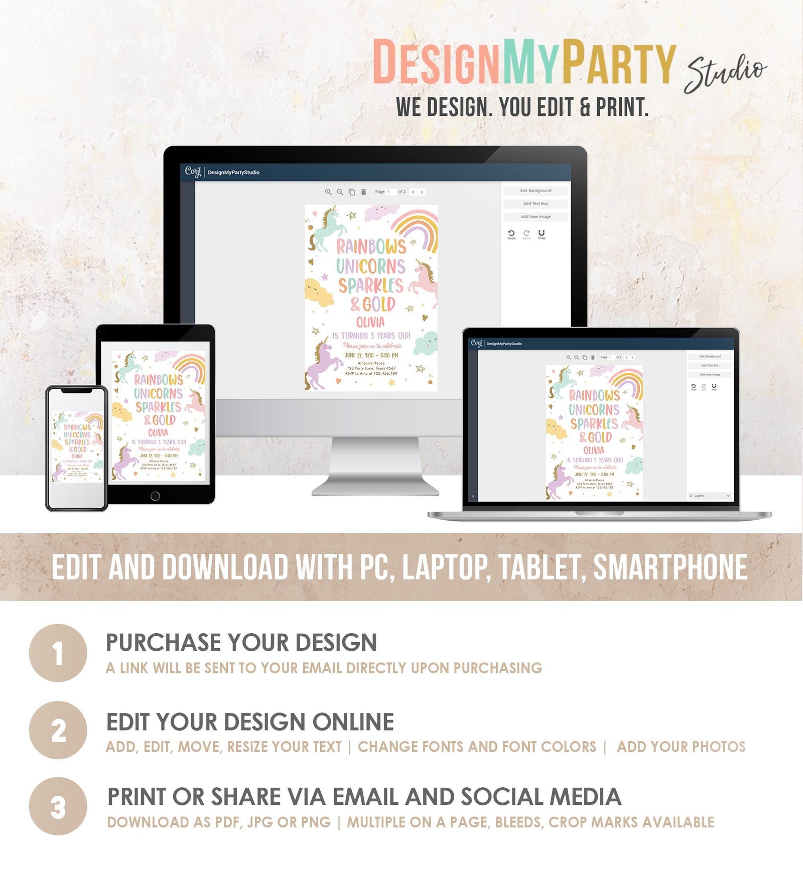 Editable Unicorn Birthday Invitation 3rd Third Birthday Rainbows Unicorns Sparkles and Gold Magical Digital Girl Template Printable 0426