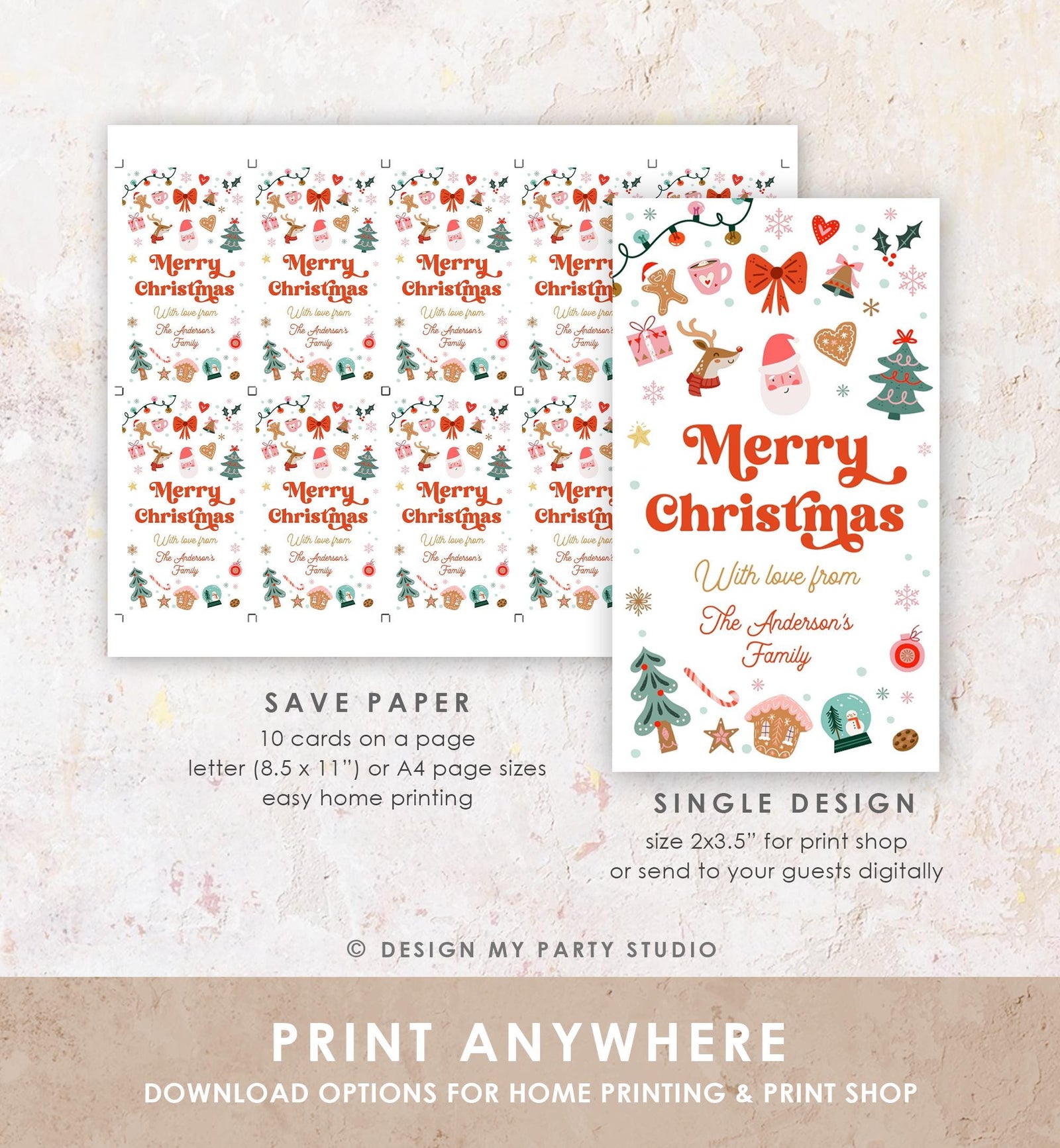 Editable Merry Christmas Favor Tag Winter Holiday Gift Tag Label Family Xmas Santa Claus Reindeer Cookies Digital Template Printable 0529