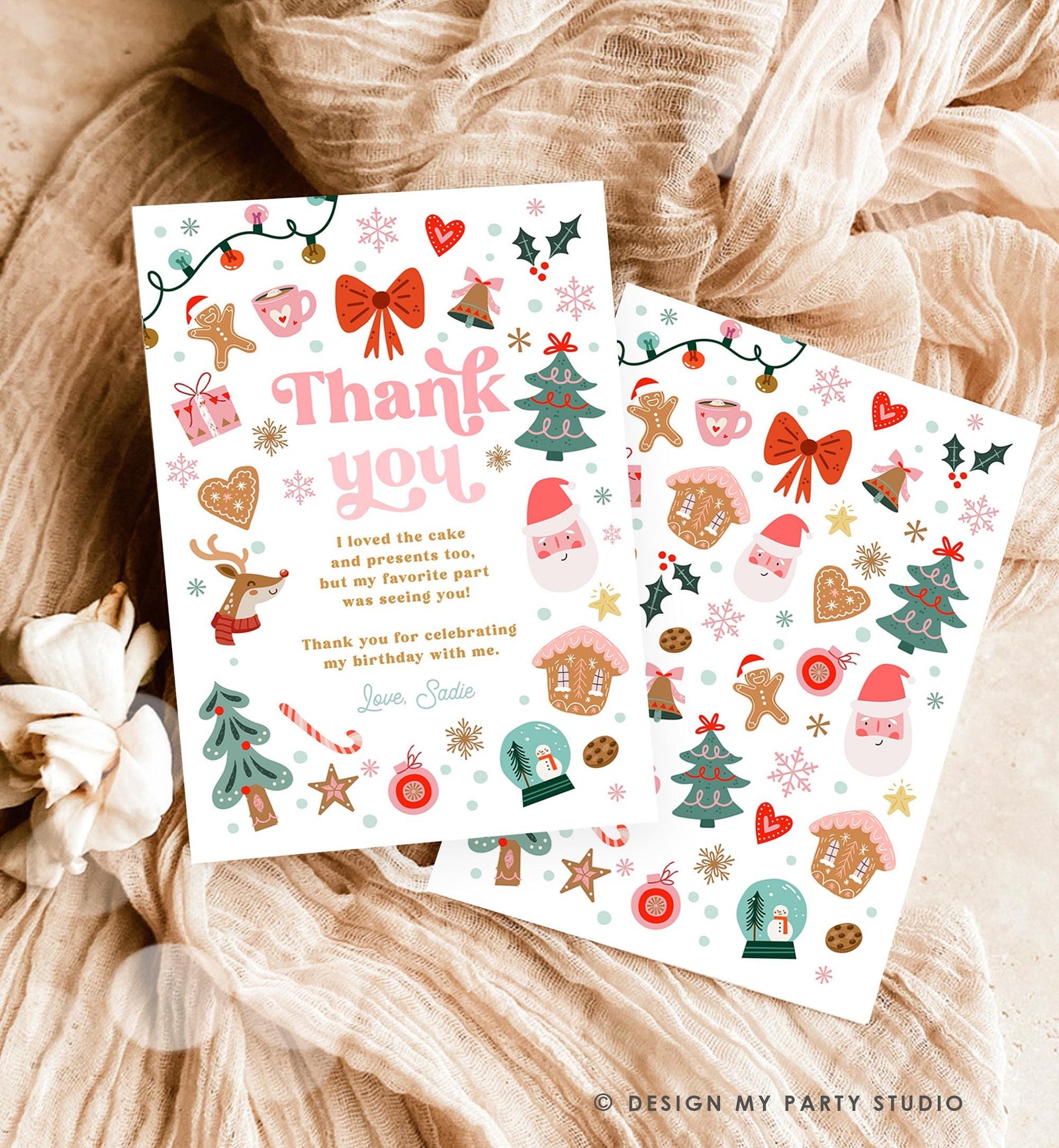 Editable Christmas Thank You Card Winter Onederland First Birthday Party Oh What Fun Pink Girl Snowflake Digital Template Printable 0529