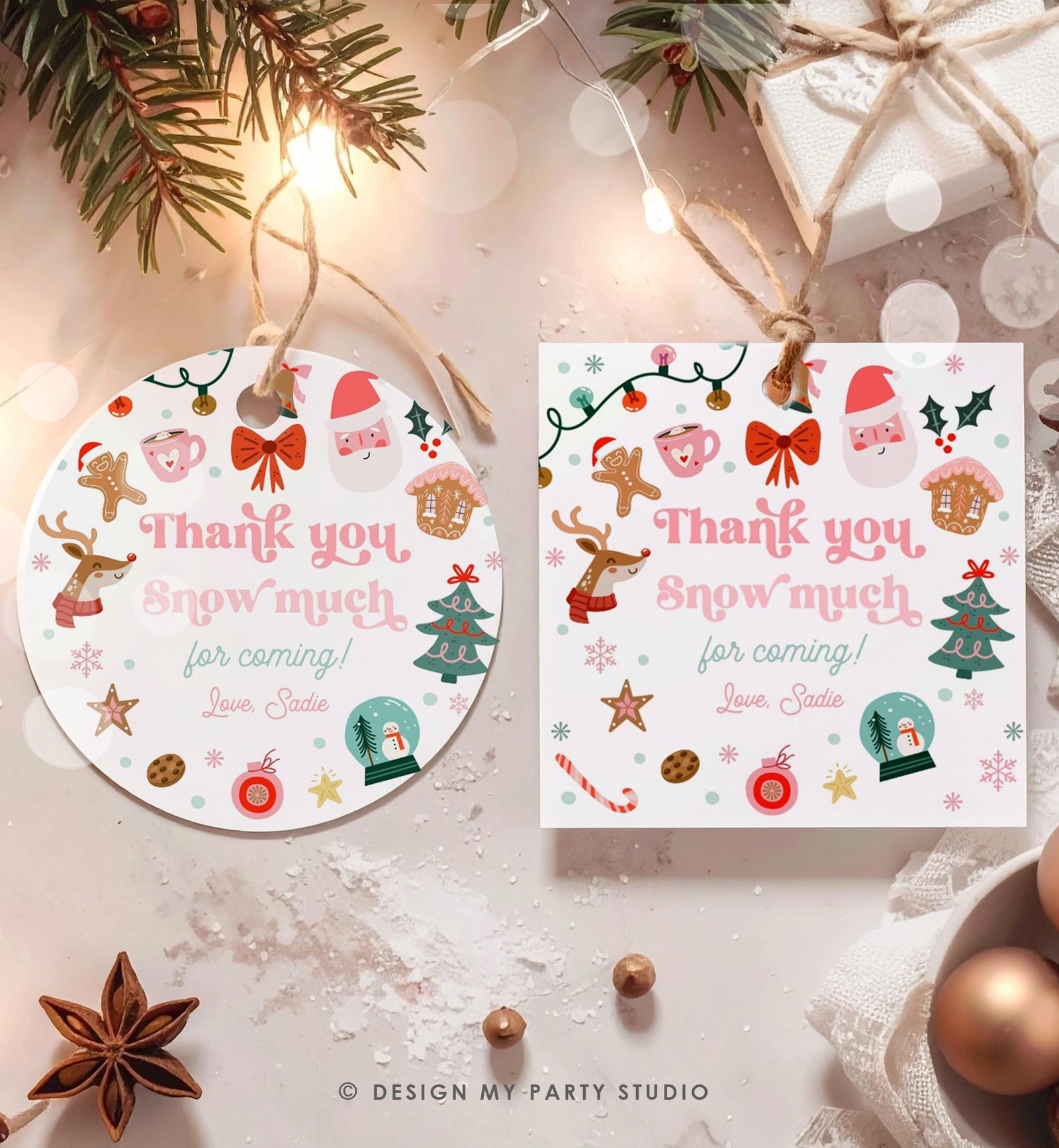 Editable Thank You Snow Much Favor Tag Sticker Christmas Winter Wonderland Red Pink Girl First Birthday Digital Template Printable 0529