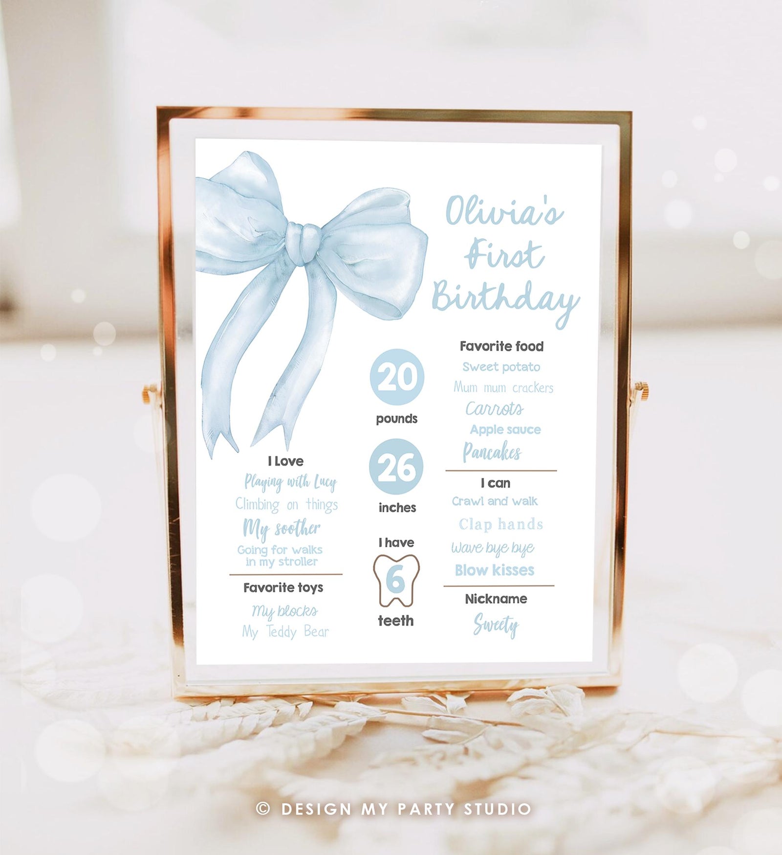 Editable Blue Bow Birthday Milestone Sign Girls Just Wanna Be One Girl 1st Birthday Blue Coquette Bow Preppy Digital Template Printable 0527