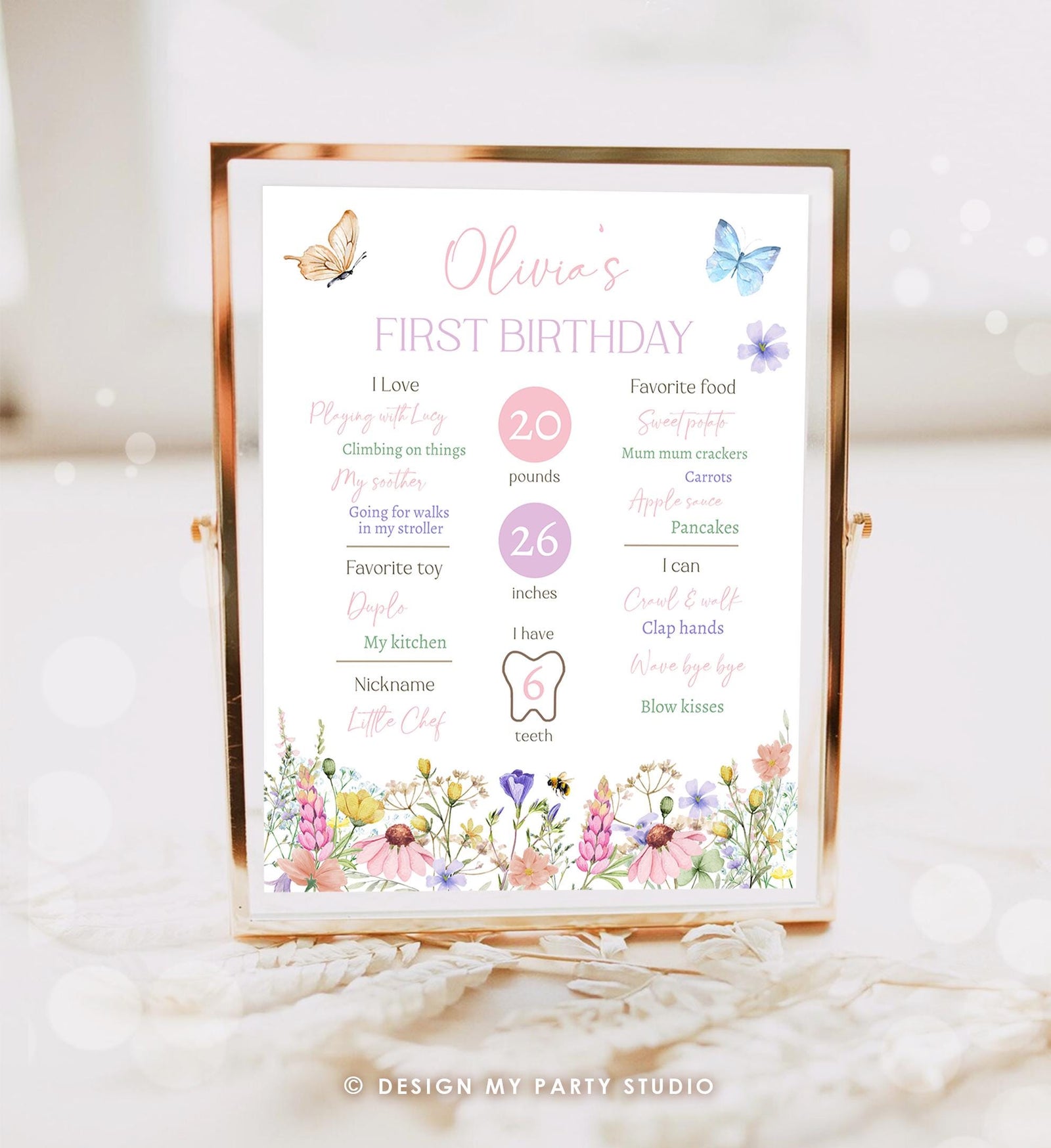 Editable Little Wildflower Birthday Milestones Sign First Birthday Wildflowers Butterflies Flowers Neutral Digital Template Printable 0543