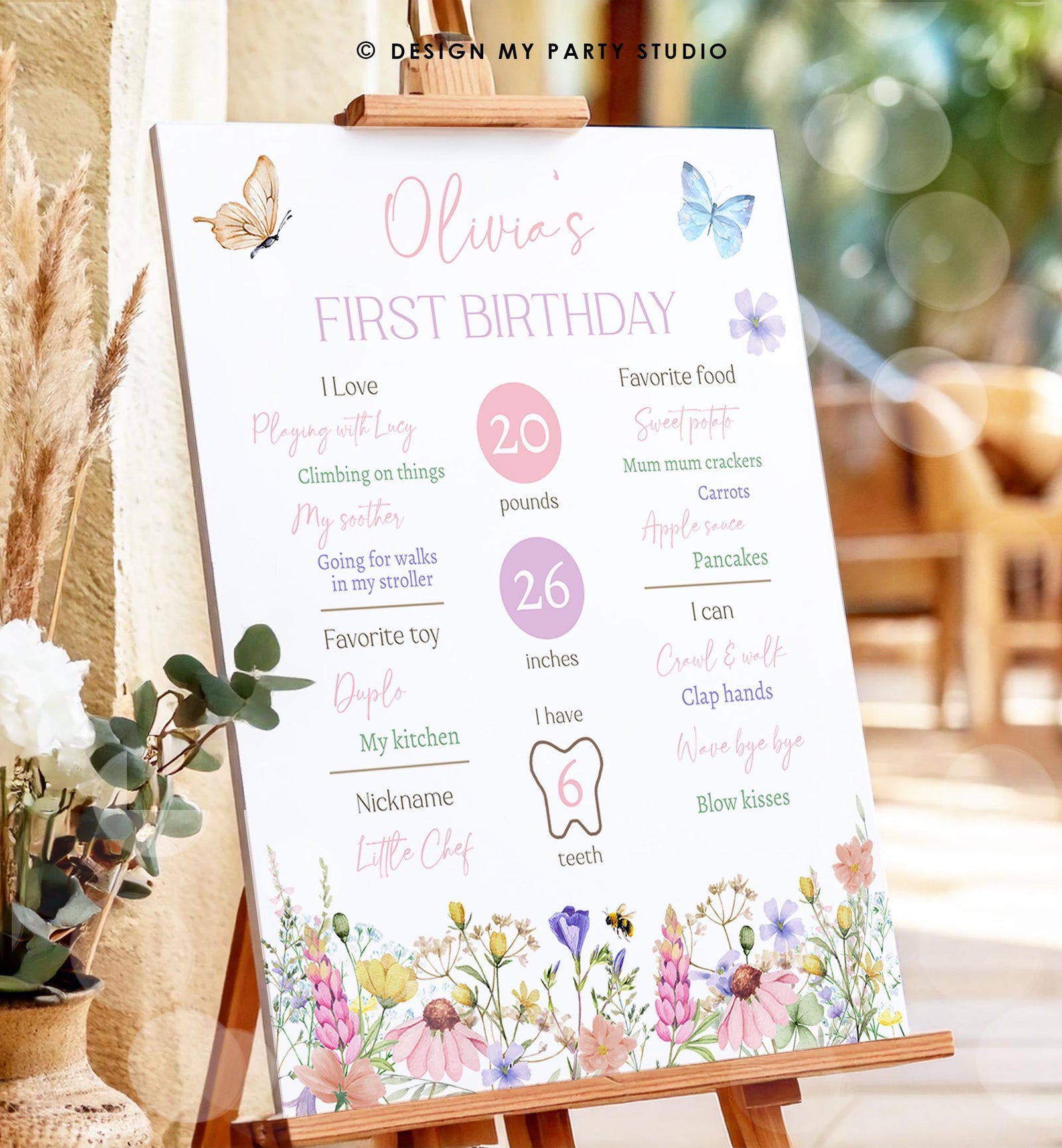Editable Little Wildflower Birthday Milestones Sign First Birthday Wildflowers Butterflies Flowers Neutral Digital Template Printable 0543