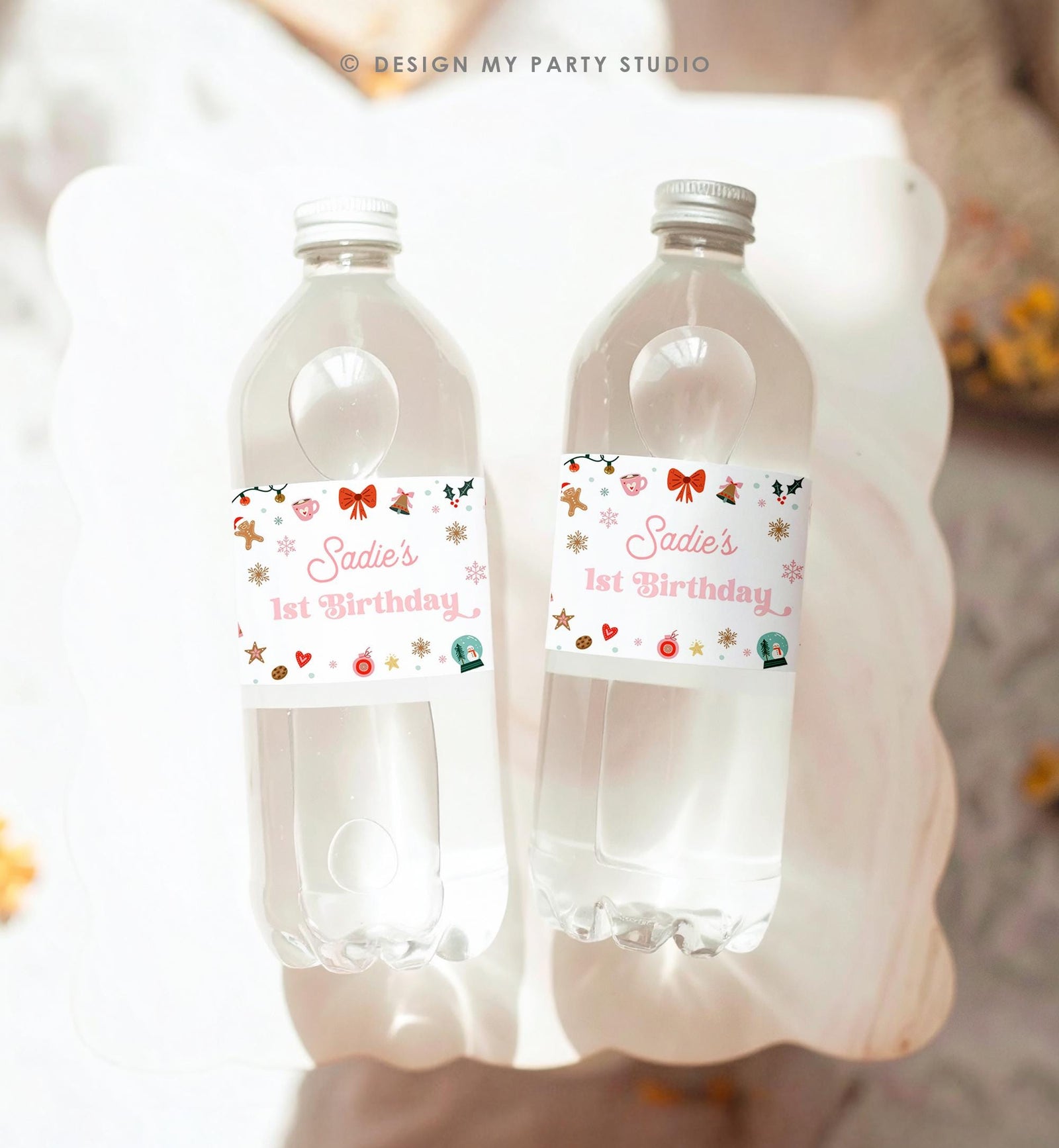 Editable Christmas Water Bottle Label Winter Onederland Wonderland Birthday Party Girl Holiday Digital Template Printable 0529