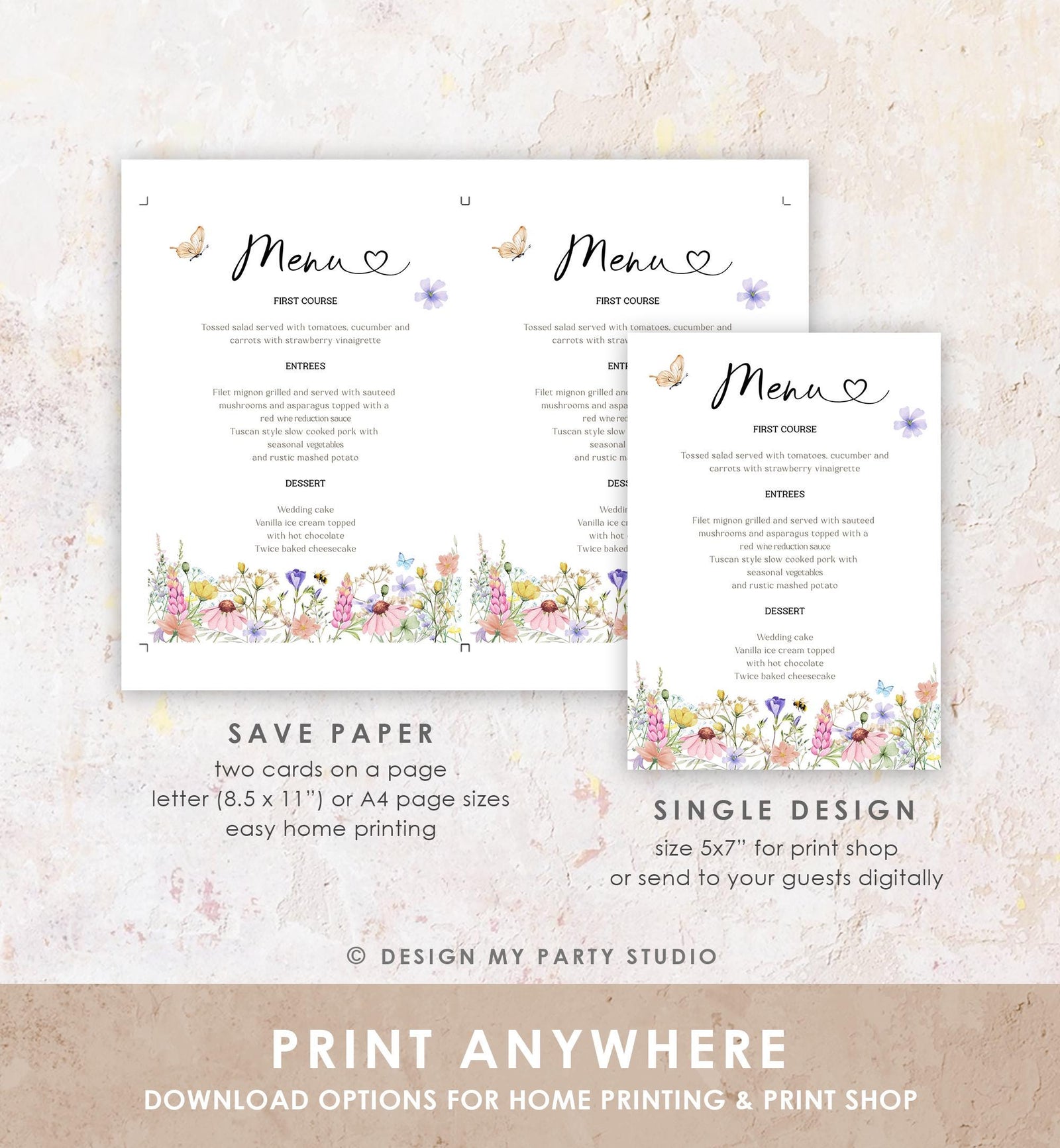 Editable Wildflowers Menu Card Wildflower Butterfly Baby Shower Birthday Pink Floral Baby in Bloom Digital Download Template Printable 0543