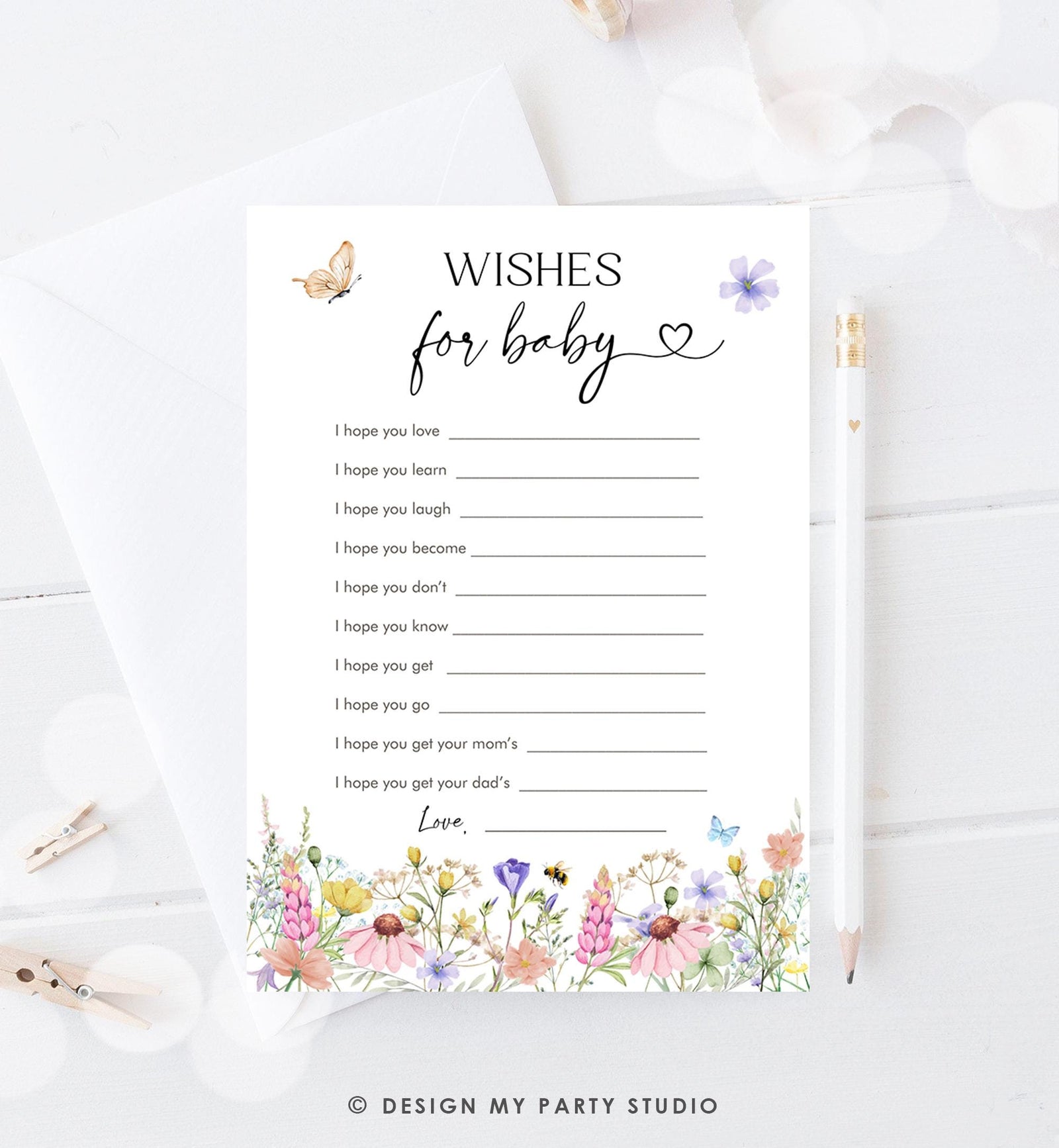 Editable Wishes for Baby Game Cards Wildflowers Baby Shower Game Butterfly Baby in Bloom Shower Activity Download Template Printable 0543