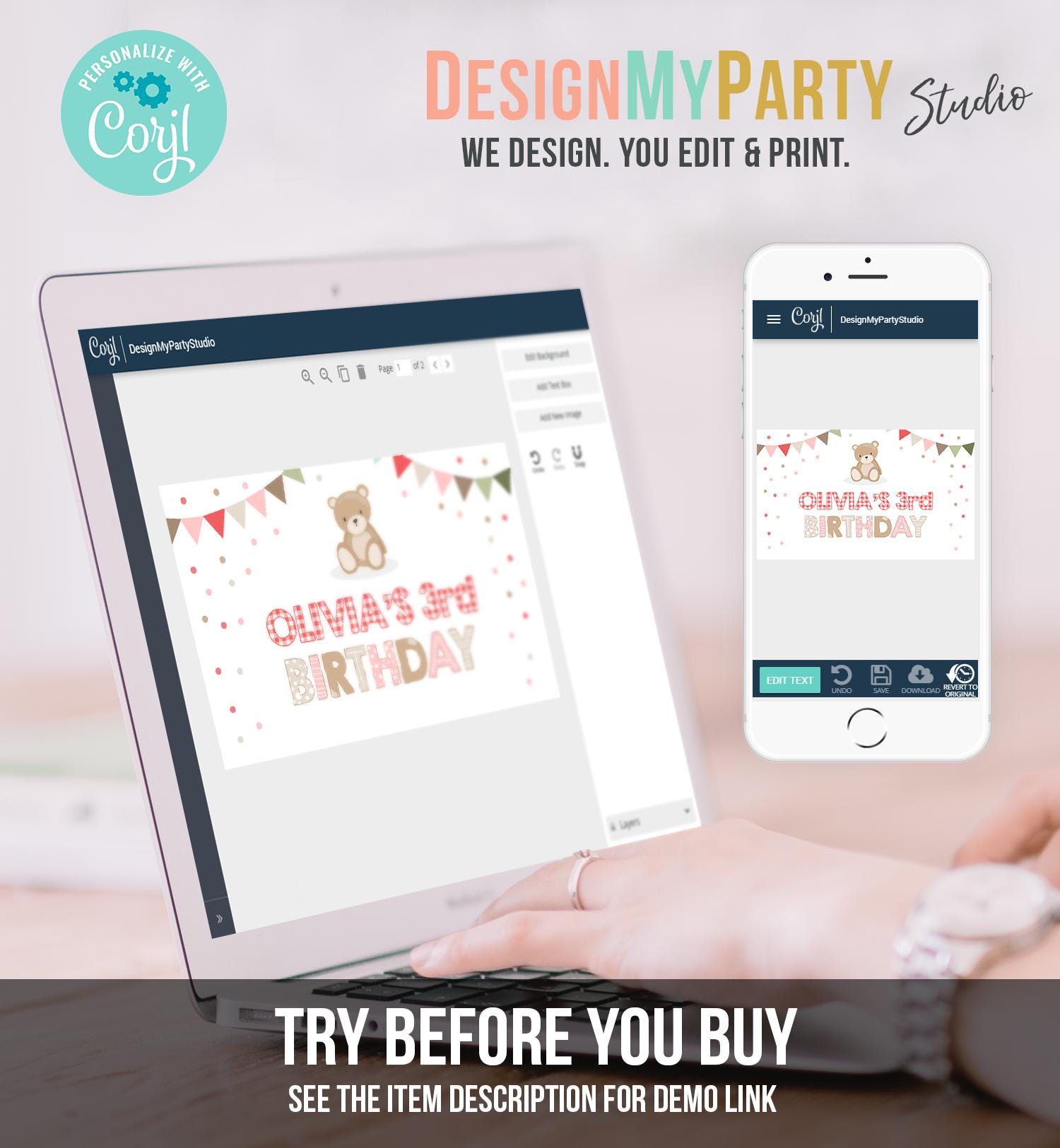 Editable Teddy Bear Birthday Backdrop Banner Teddy Bear Picnic Birthday Welcome Girl Pink Digital Download Template Printable 0100