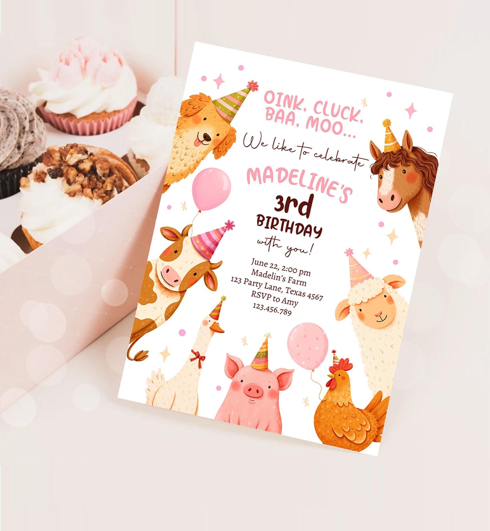 Editable Farm Birthday Invitation Girl Farm Animals Pink Barnyard Party Modern Pastel Download Printable Invite Template Digital 0555