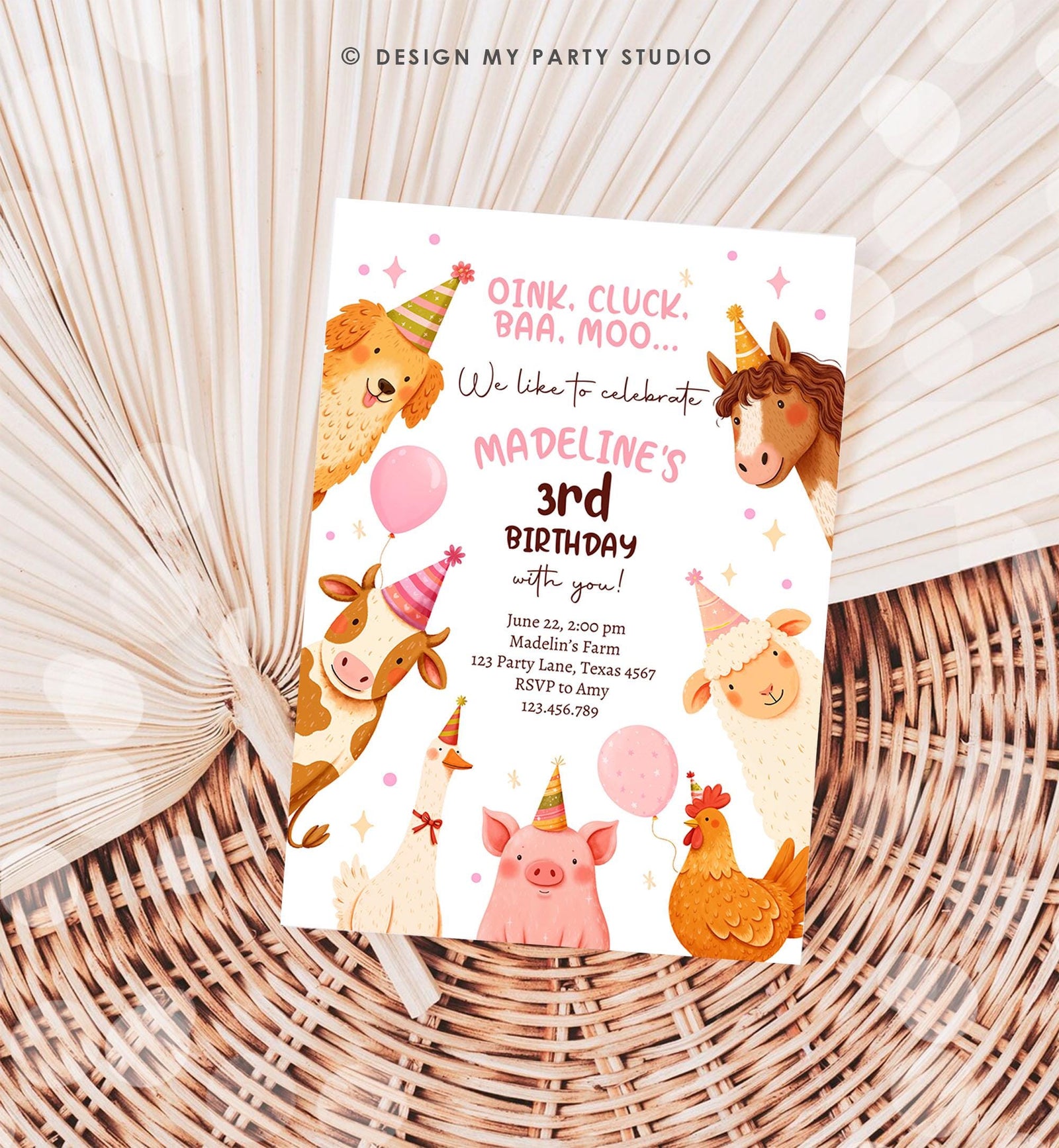 Editable Farm Birthday Invitation Girl Farm Animals Pink Barnyard Party Modern Pastel Download Printable Invite Template Digital 0555