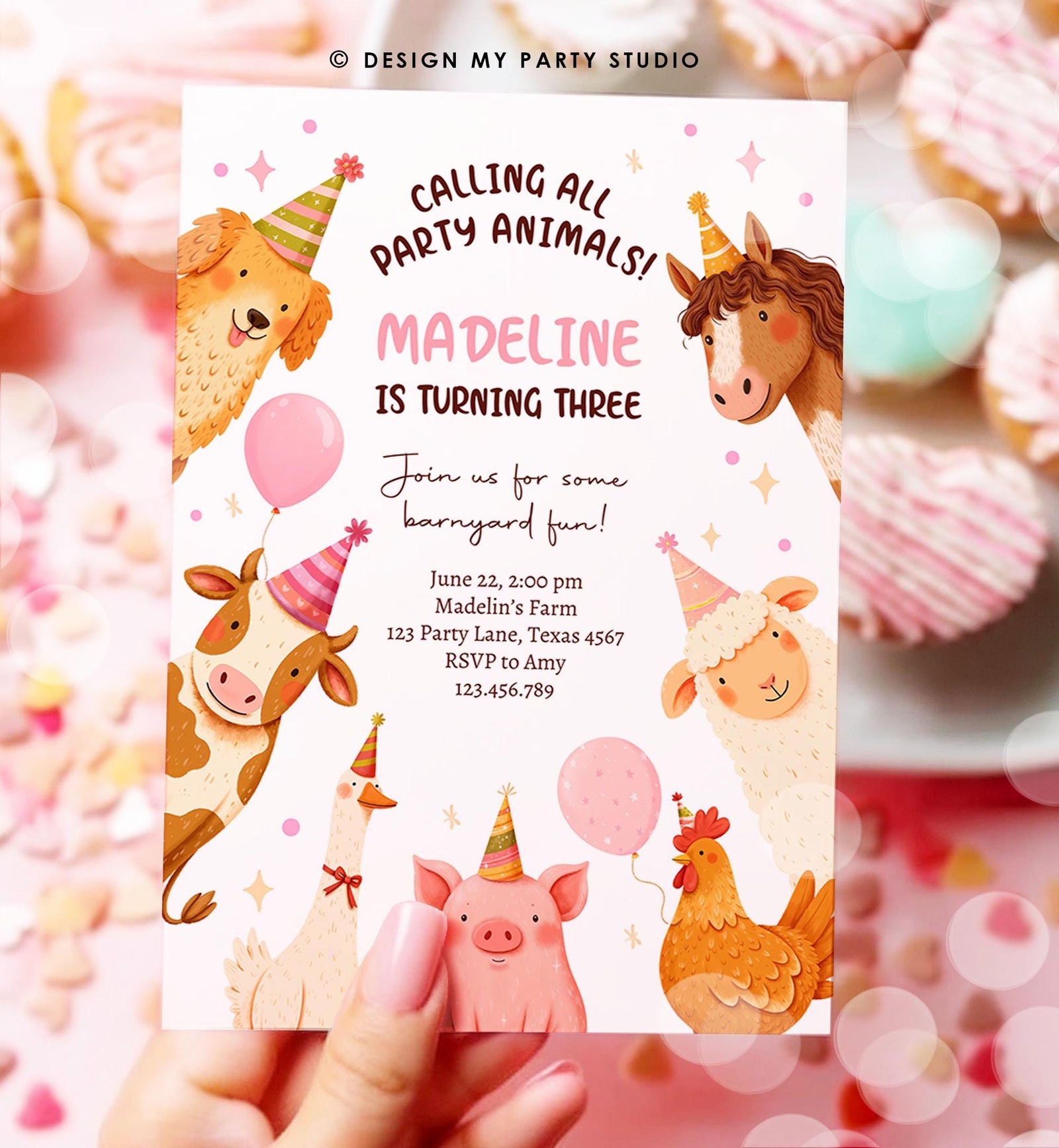 Editable Farm Birthday Invitation Girl Party Animals Pink Barnyard Party Modern Pastel Download Printable Invite Template Digital 0555