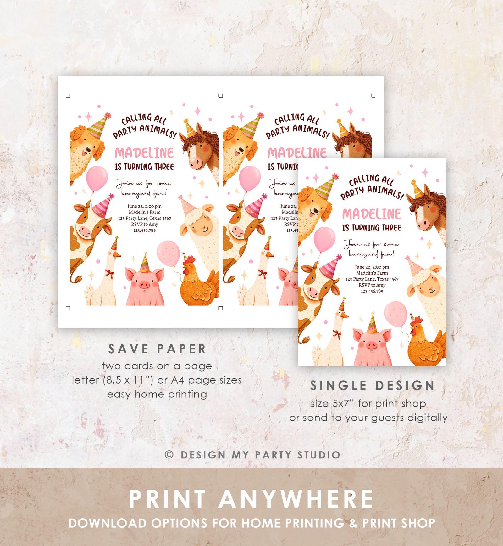 Editable Farm Birthday Invitation Girl Party Animals Pink Barnyard Party Modern Pastel Download Printable Invite Template Digital 0555