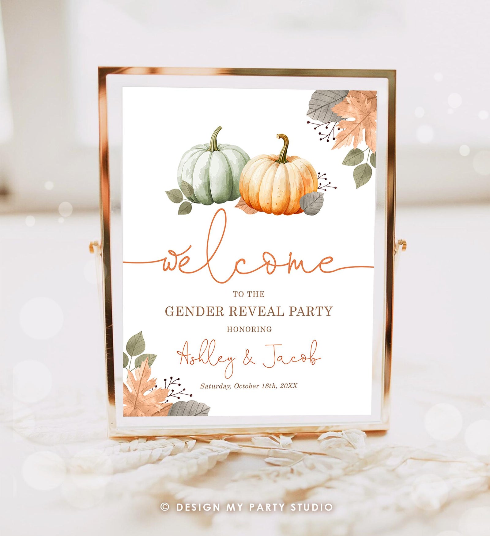 Editable Pumpkin Gender Reveal Party Welcome Sign Baby Shower He or She Gender Neutral Boy or Girl Fall Boho Digital Template Printable 0489