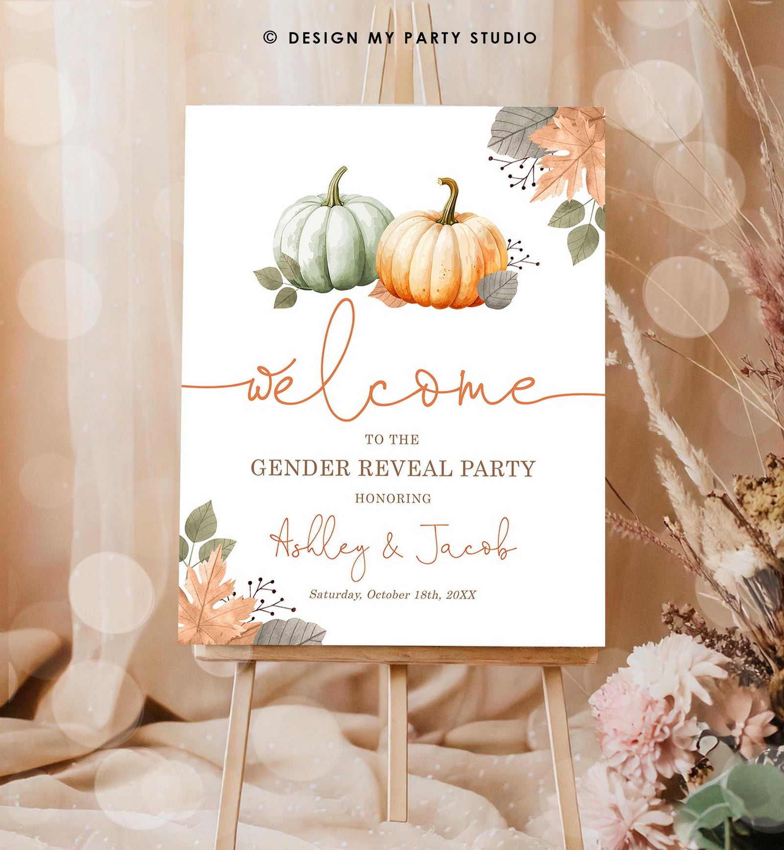 Editable Pumpkin Gender Reveal Party Welcome Sign Baby Shower He or She Gender Neutral Boy or Girl Fall Boho Digital Template Printable 0489