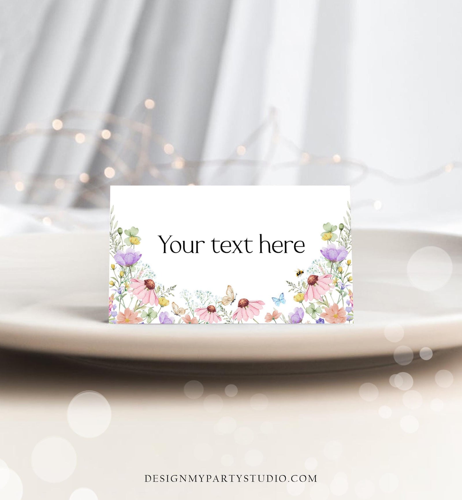 Editable Wildflowers Food Label Wildflower Birthday Baby Shower Place Card Tent Buffet Pink Girl Butterfly Digital Template Printable 0543