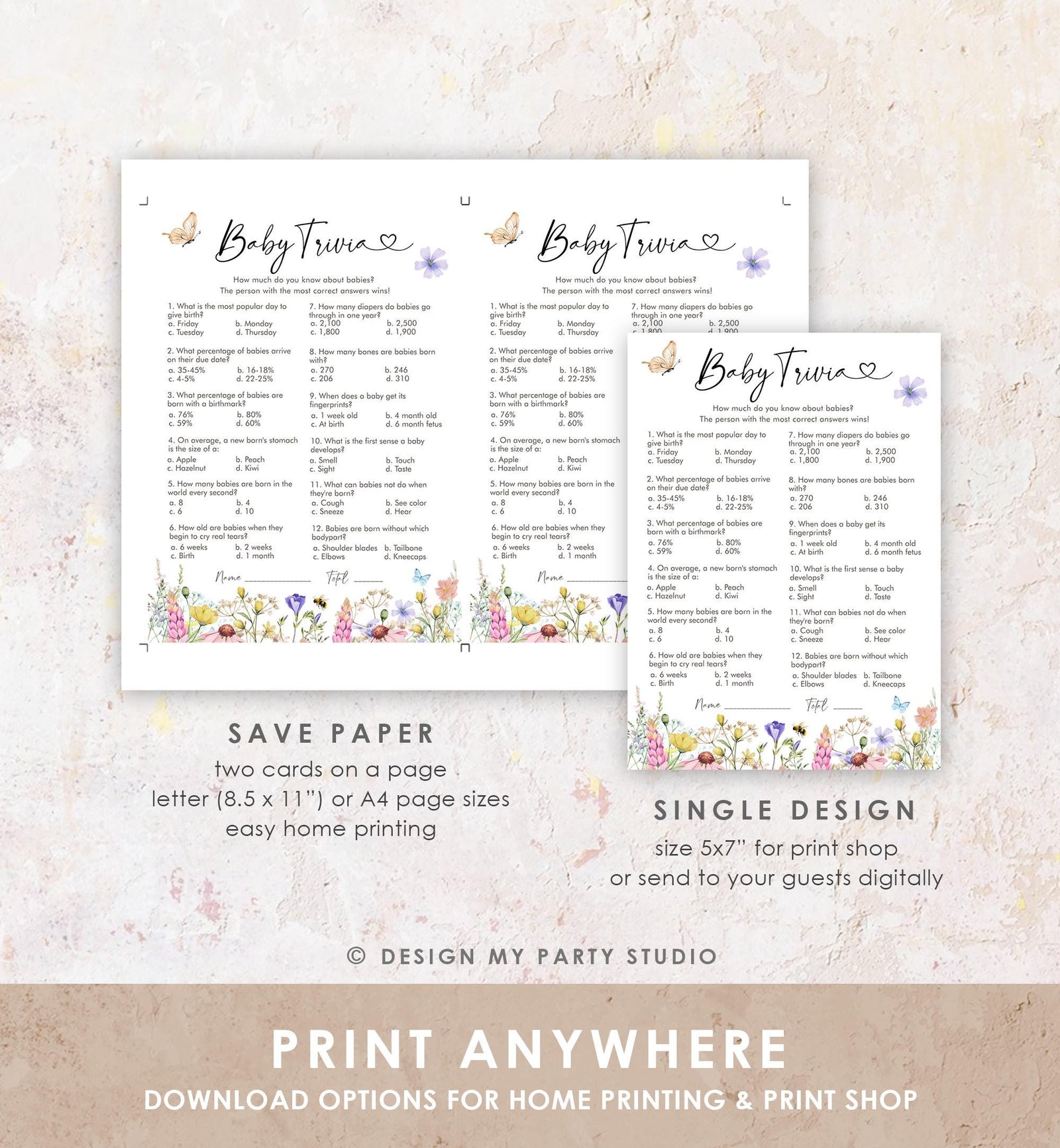 Editable Baby Trivia Questions Game Card Wildflowers Baby Shower Butterfly Baby in Bloom Shower Activity Download Template Printable 0543