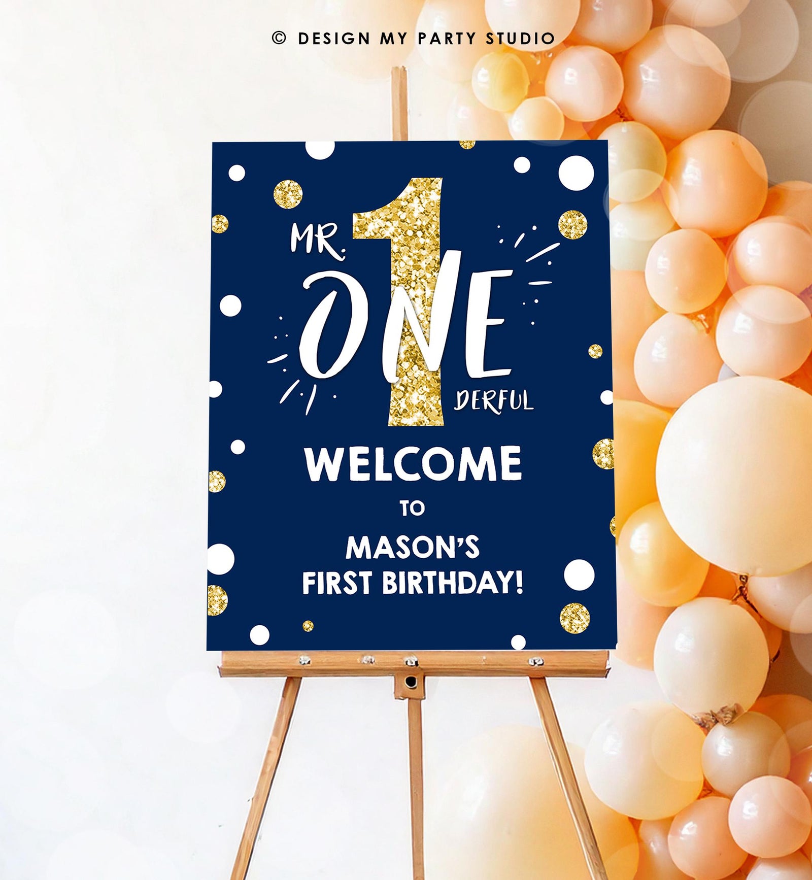 Editable Mr Onederful Birthday Welcome Sign Navy Royal Blue Gold Boy First 1st Birthday Digital Download Template Printable 0072