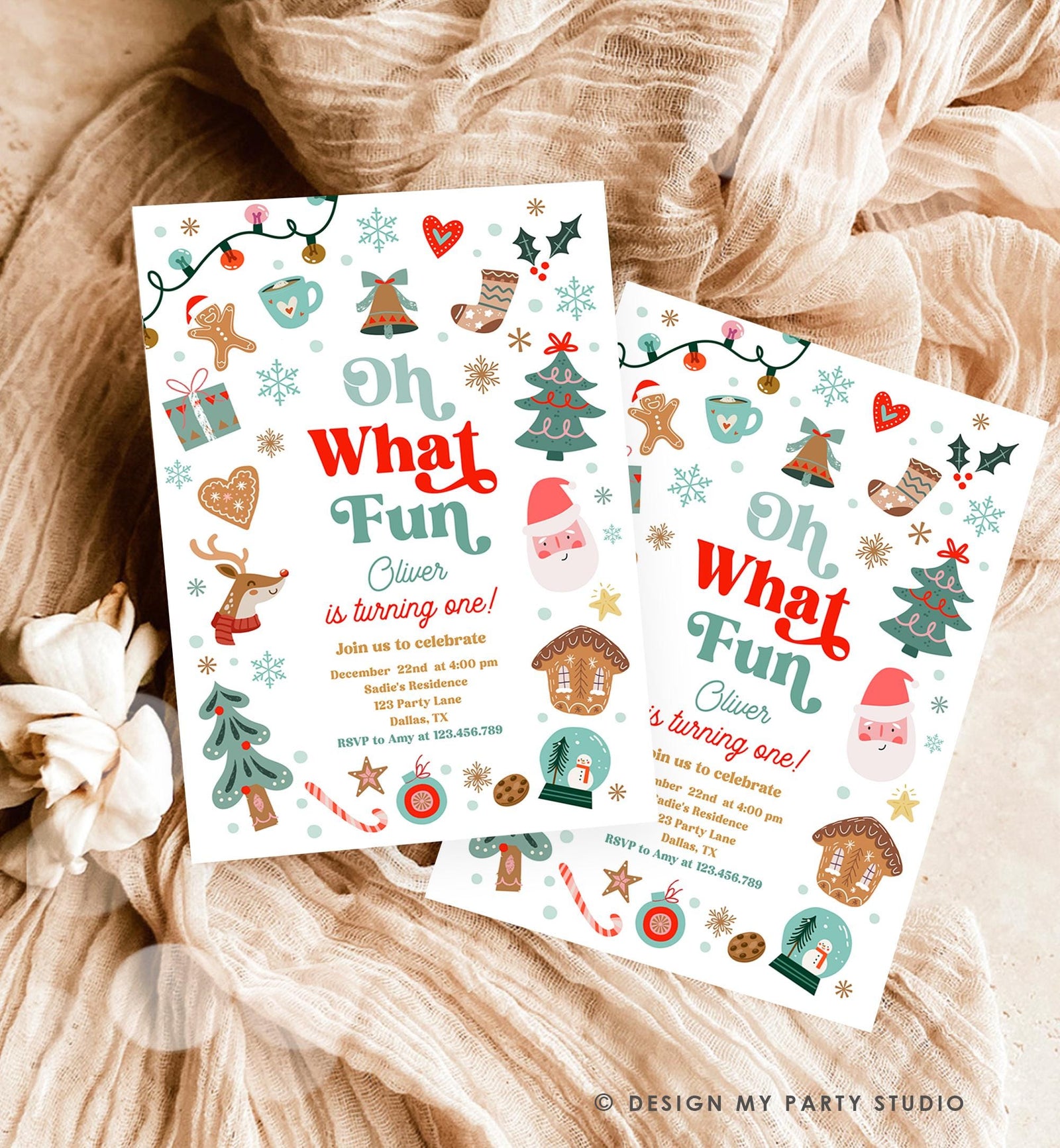 Editable Oh What Fun Christmas Birthday Party Invitation Red Green Boy Girl Winter 1st First Birthday Evite Template Download Printable 0529