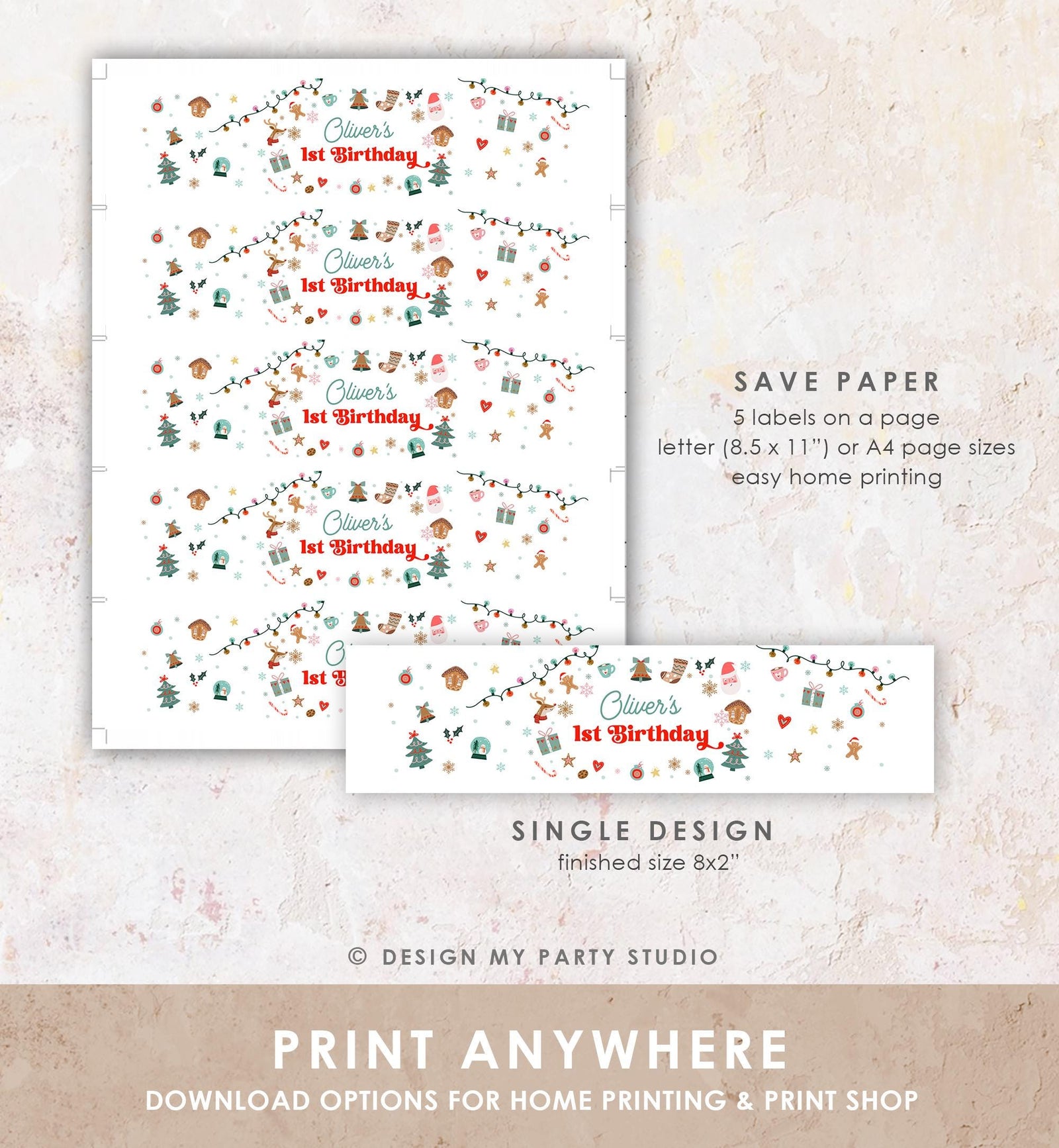 Editable Christmas Water Bottle Label Winter Onederland Wonderland Birthday Party Boy Holiday Digital Template Printable 0529