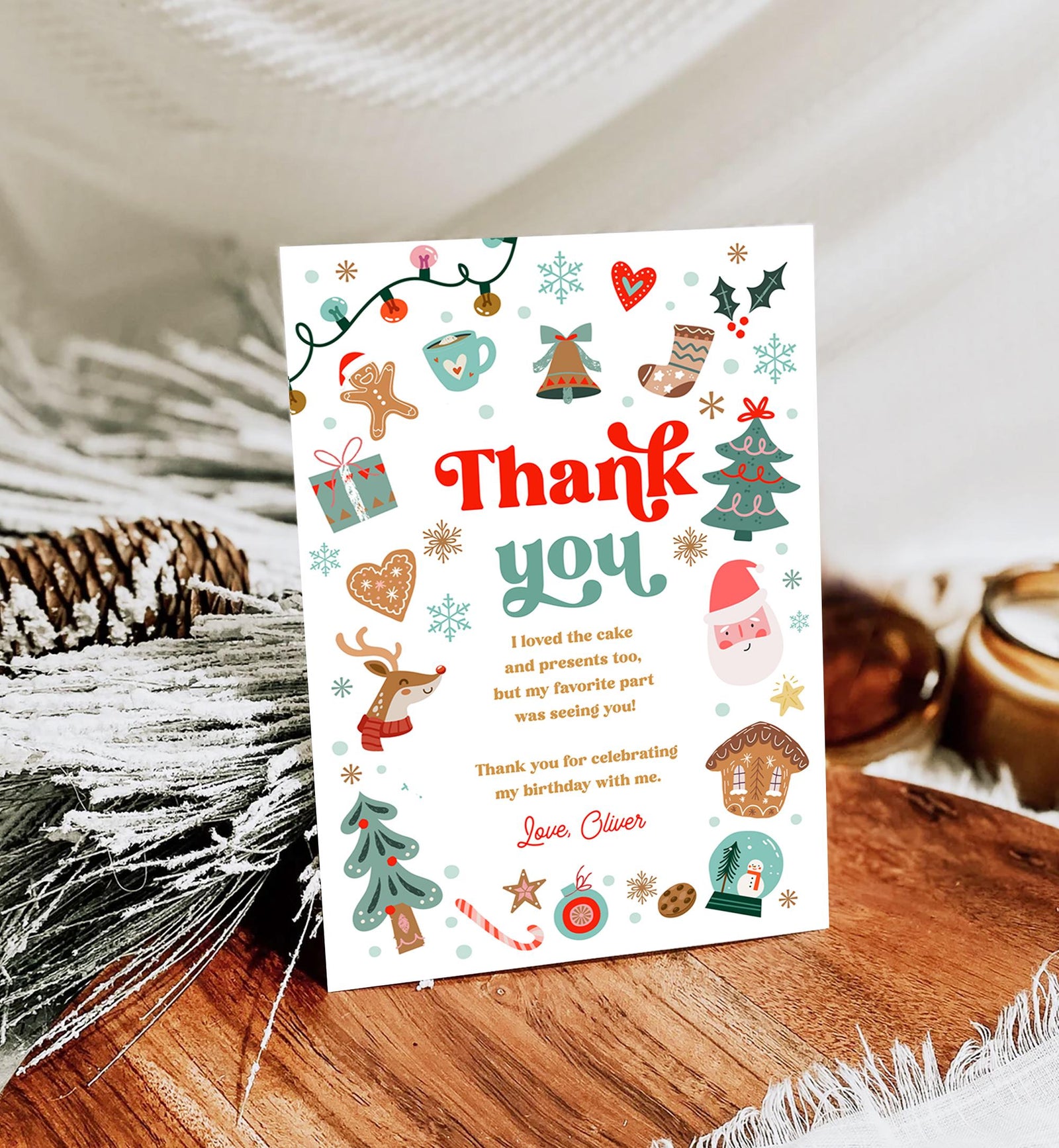 Editable Christmas Thank You Card Winter Onederland First Birthday Party Oh What Fun Boy Girl Snowflake Digital Template Printable 0529