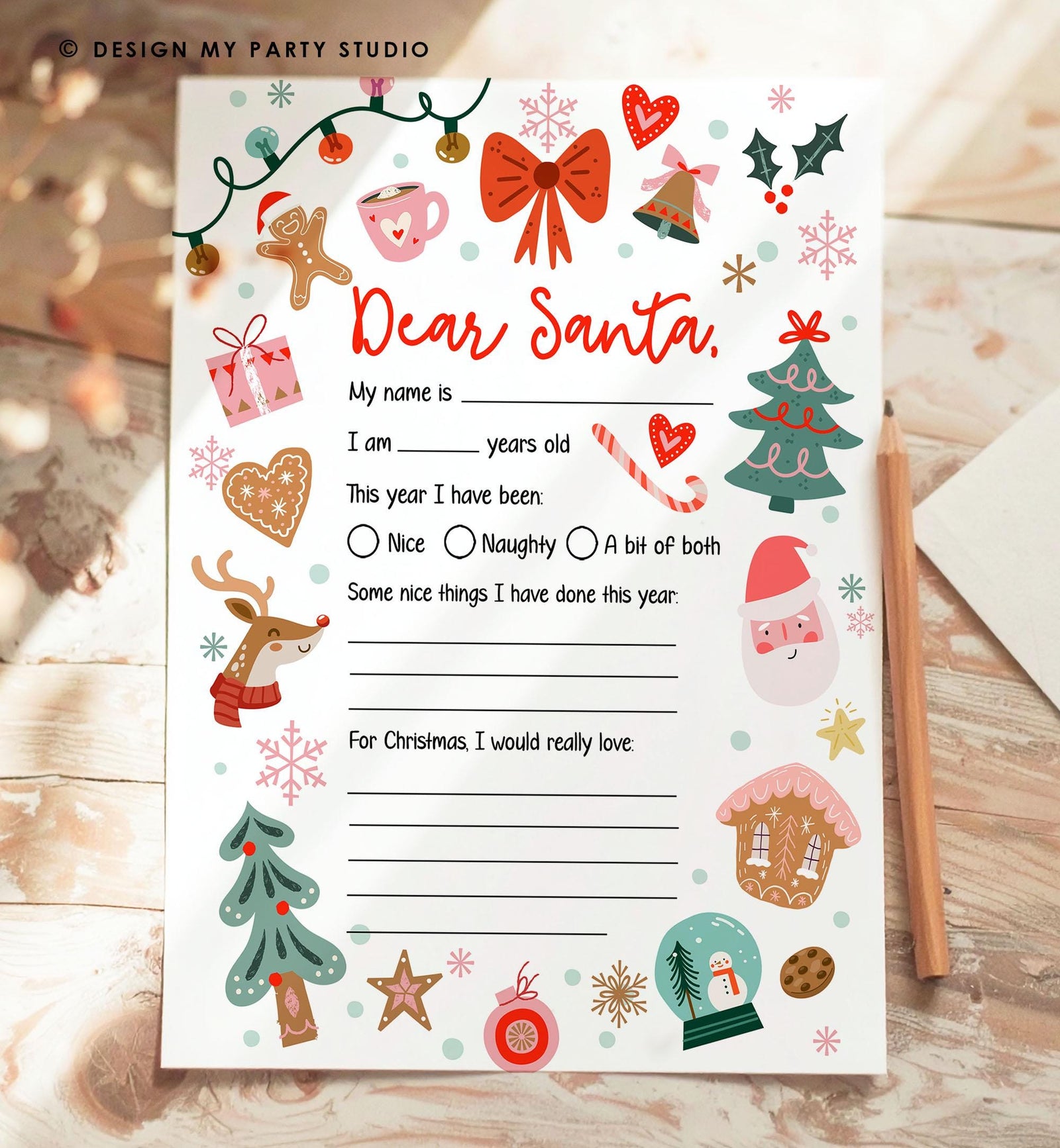 Christmas Wish List Letter to Santa for Kids Christmas Activity Christmas Fun Santa Wish List Printable Digital Instant Download 0529