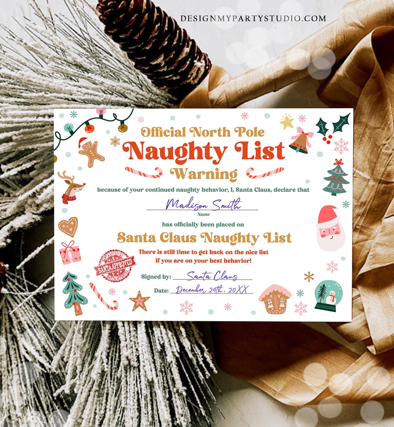 Editable Santa Claus Official Naughty List Warning Letter Certificate Desk Santa Claus Christmas North Pole Corjl Template Printable 0529