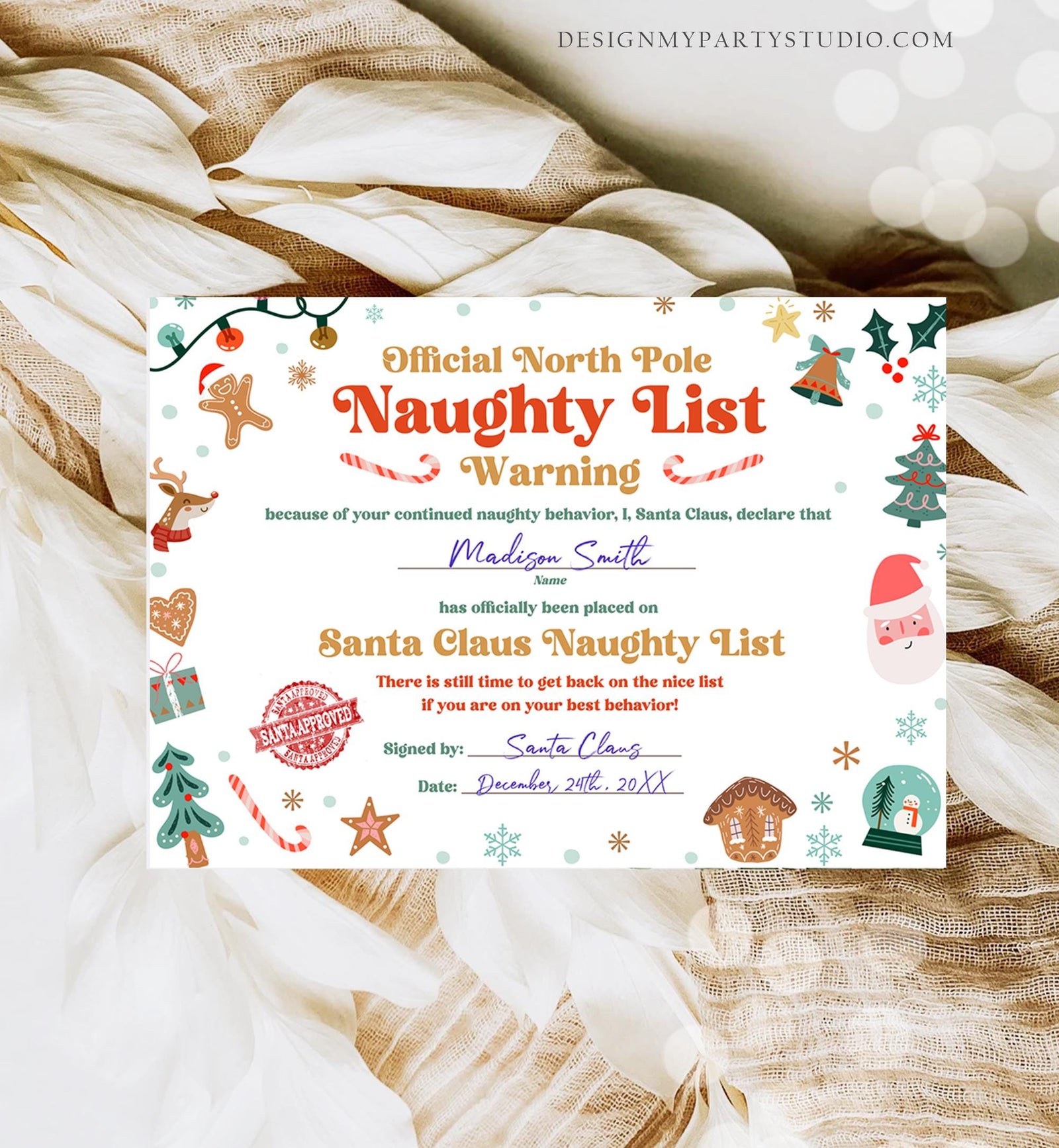 Editable Santa Claus Official Naughty List Warning Letter Certificate Desk Santa Claus Christmas North Pole Corjl Template Printable 0529