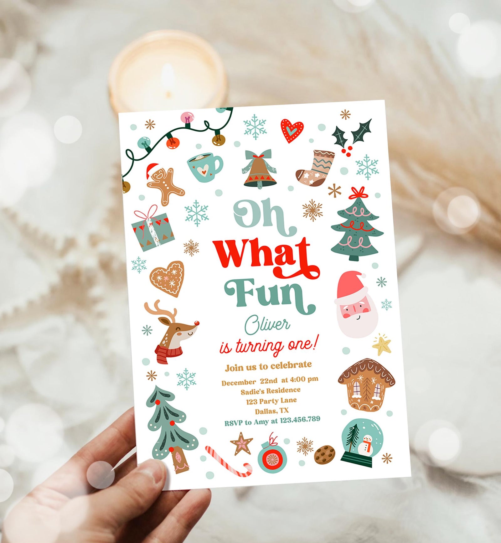 Editable Oh What Fun Christmas Birthday Party Invitation Red Green Boy Girl Winter 1st First Birthday Evite Template Download Printable 0529