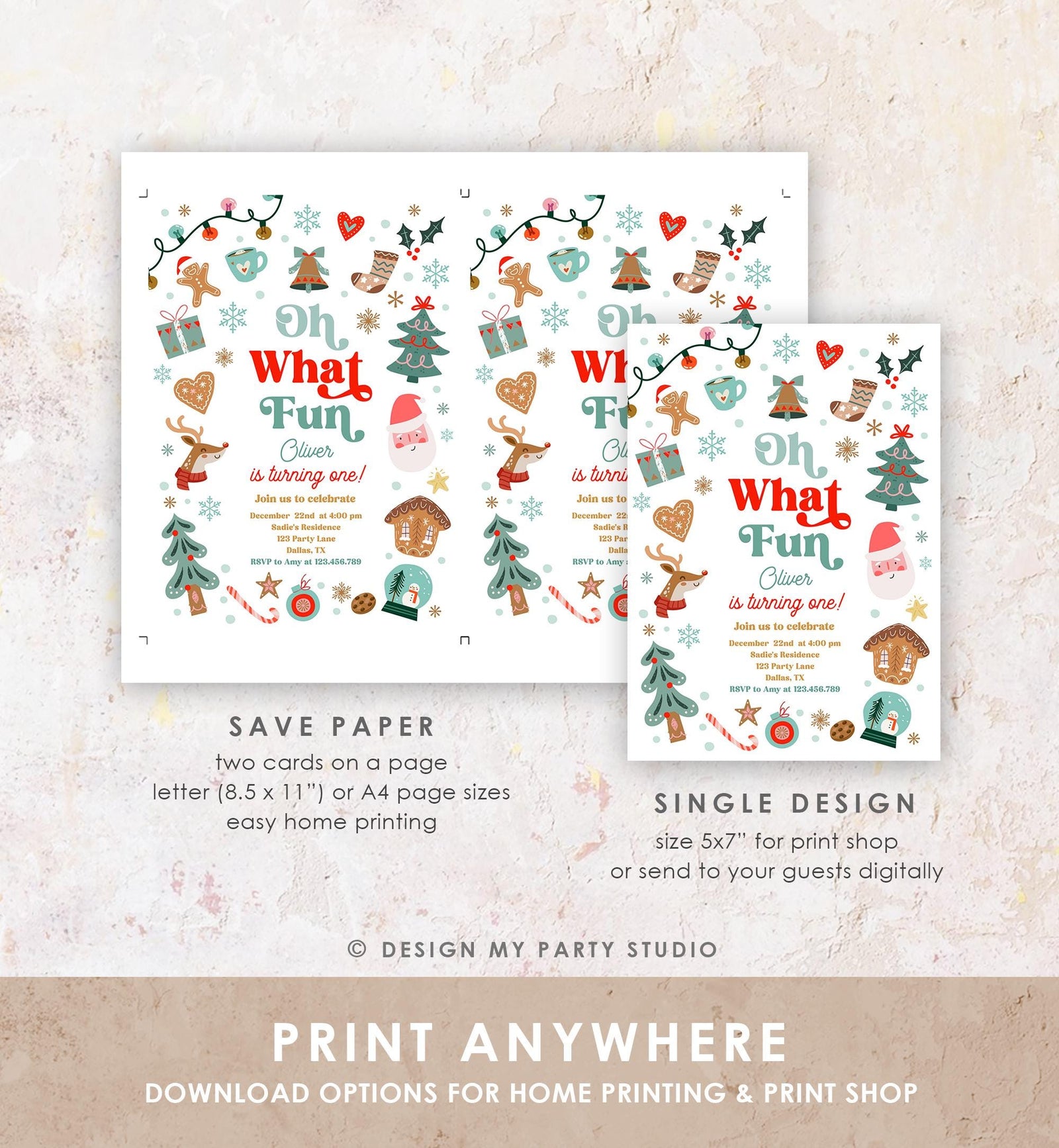 Editable Oh What Fun Christmas Birthday Party Invitation Red Green Boy Girl Winter 1st First Birthday Evite Template Download Printable 0529