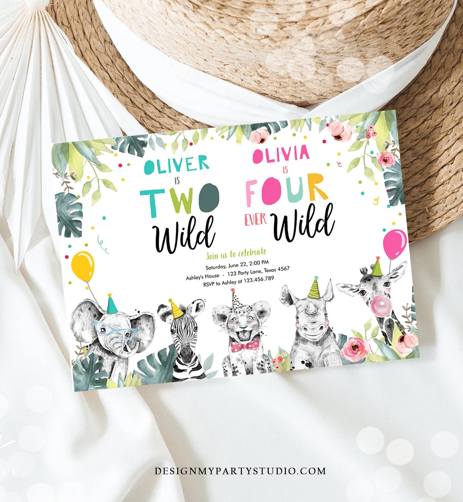 Editable Two Wild Four Ever Wild Birthday Invitation Party Animals Boy Girl Second Fourth 2nd 4th Safari Joint Template Printable 0322