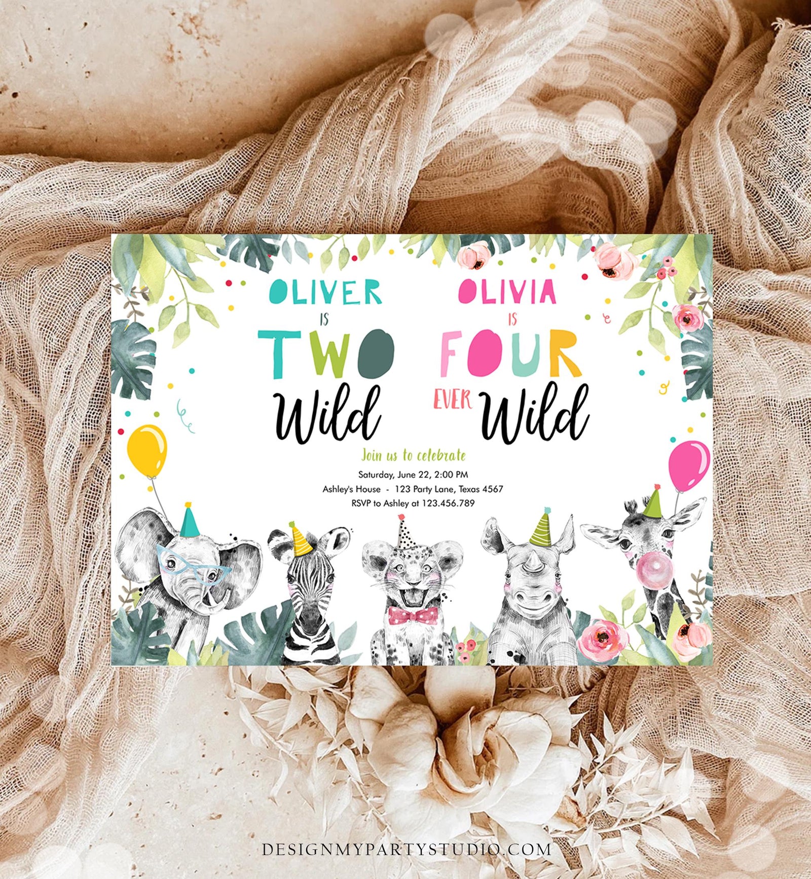 Editable Two Wild Four Ever Wild Birthday Invitation Party Animals Boy Girl Second Fourth 2nd 4th Safari Joint Template Printable 0322