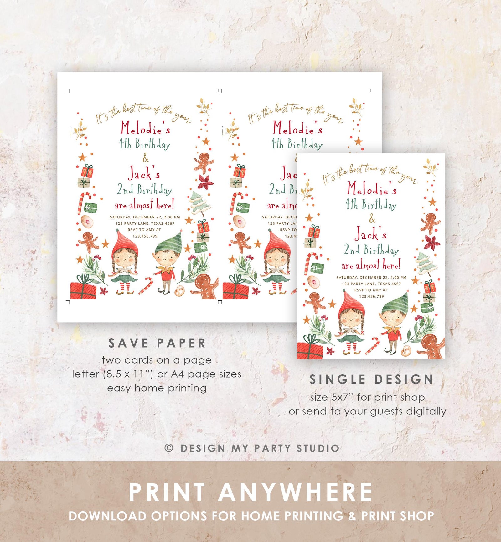 Editable Christmas Birthday Party Invitation Joint Birthday Siblings Winter Best Time of The Year Boy Girl Digital Template Printable 0358