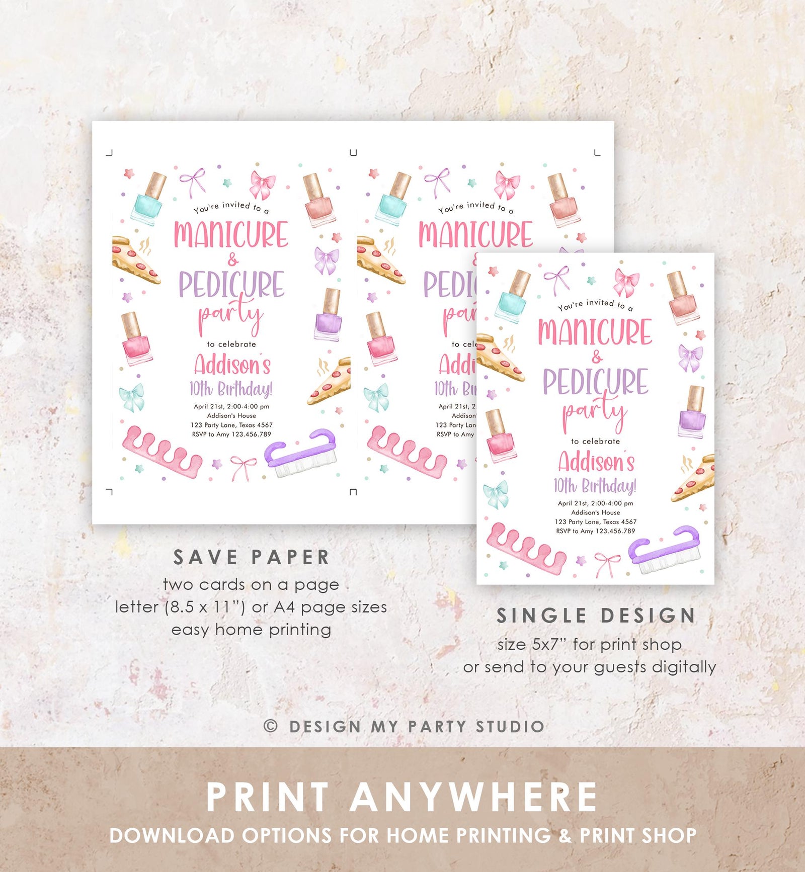 Editable Manicure and Pedicure Birthday Invitation Bow Girl Mani-Pedi Spa Party Nail Salon Pink Purple Digital Template Printable 0562