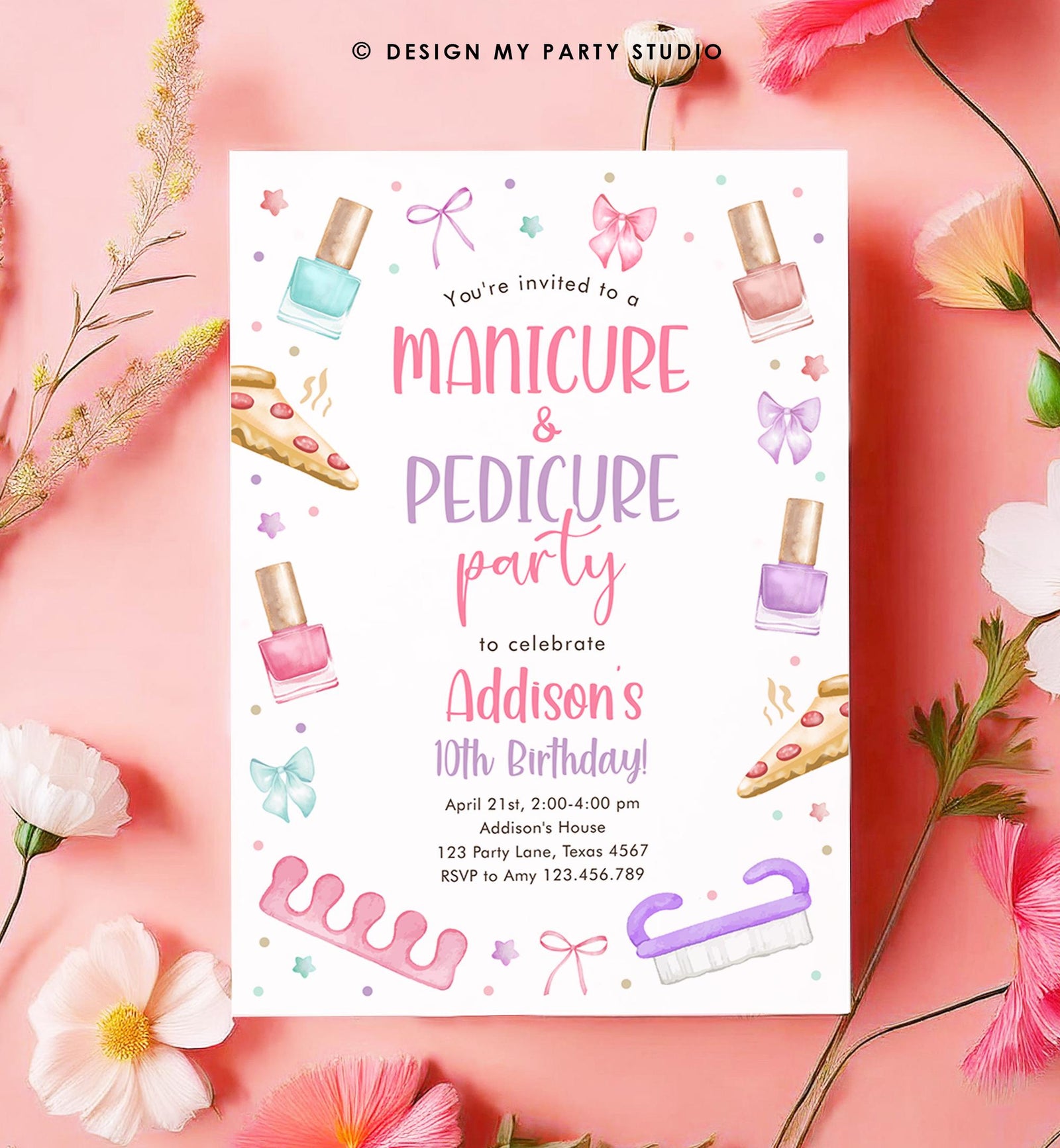 Editable Manicure and Pedicure Birthday Invitation Bow Girl Mani-Pedi Spa Party Nail Salon Pink Purple Digital Template Printable 0562
