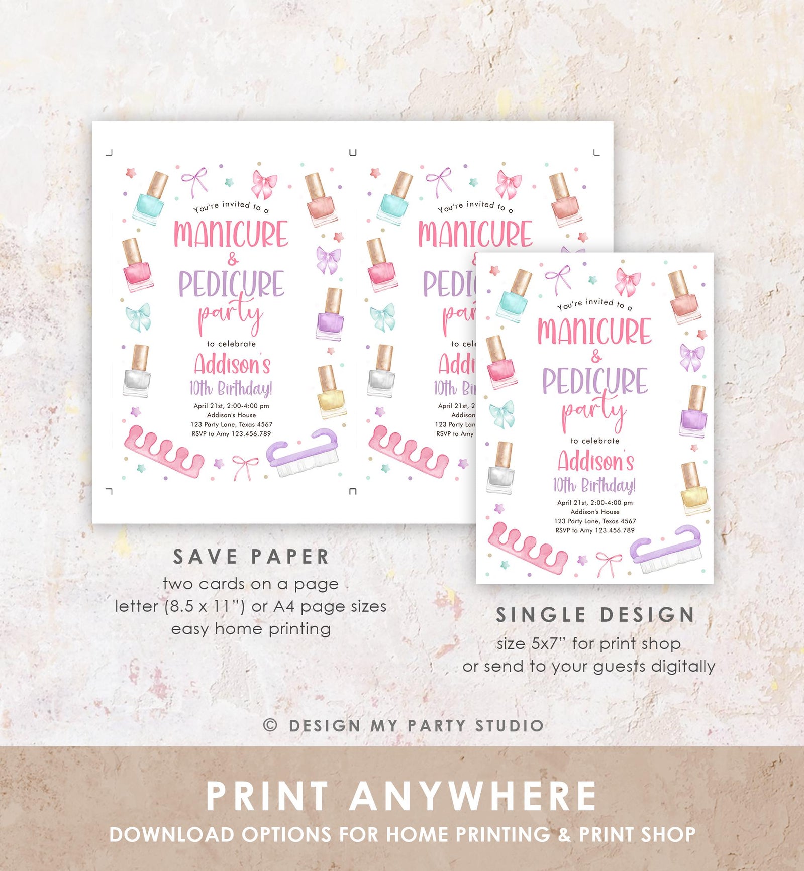 Editable Manicure and Pedicure Birthday Invitation Bow Girl Mani-Pedi Spa Party Nail Salon Pink Purple Digital Template Printable 0562