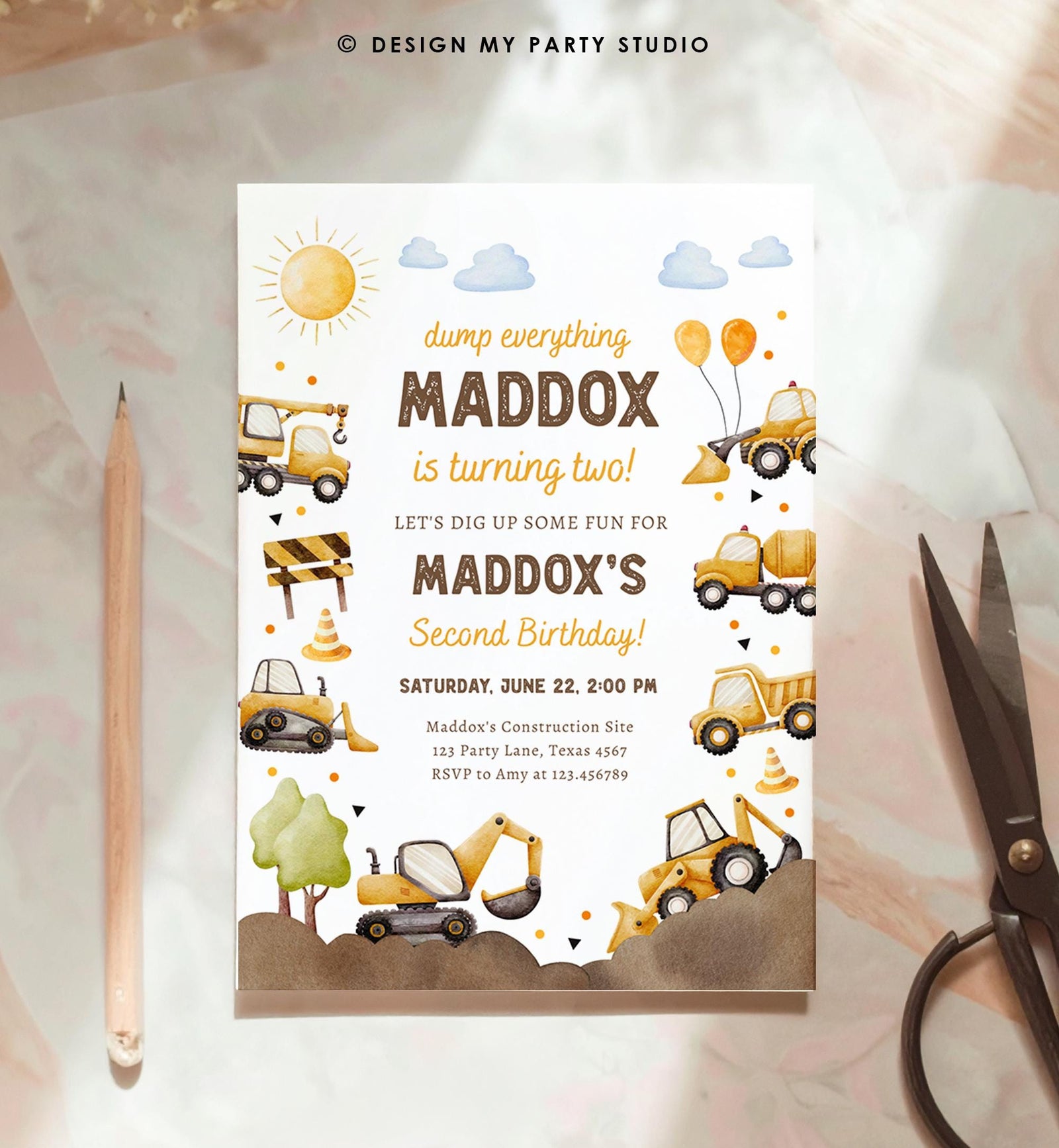 Editable Construction Birthday Invitation Yellow Dump Truck Excavator Caution Party Boy Second 2nd Digital Evite Template Printable 0563
