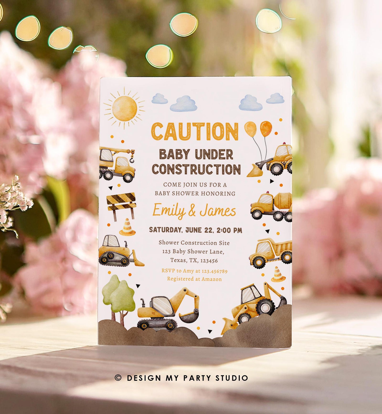 Editable Construction Baby Shower Invitation Baby Under Construction Yellow Dump Truck Excavator Caution Digital Template Printable 0563