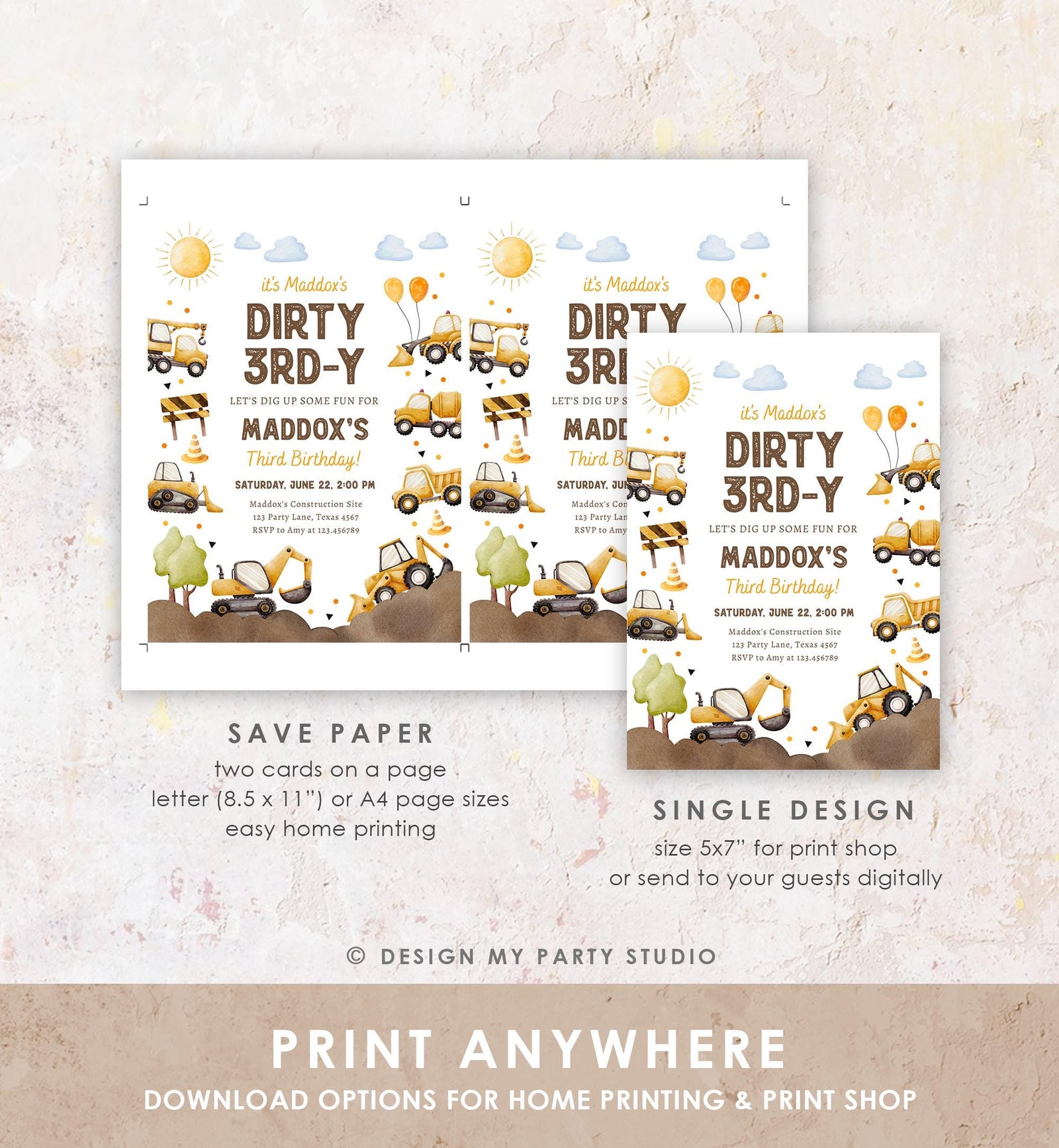 Editable Dirty 3rd-Y Construction Birthday Invitation Yellow Dump Truck Excavator Party Boy Third 3rd Digital Evite Template Printable 0563