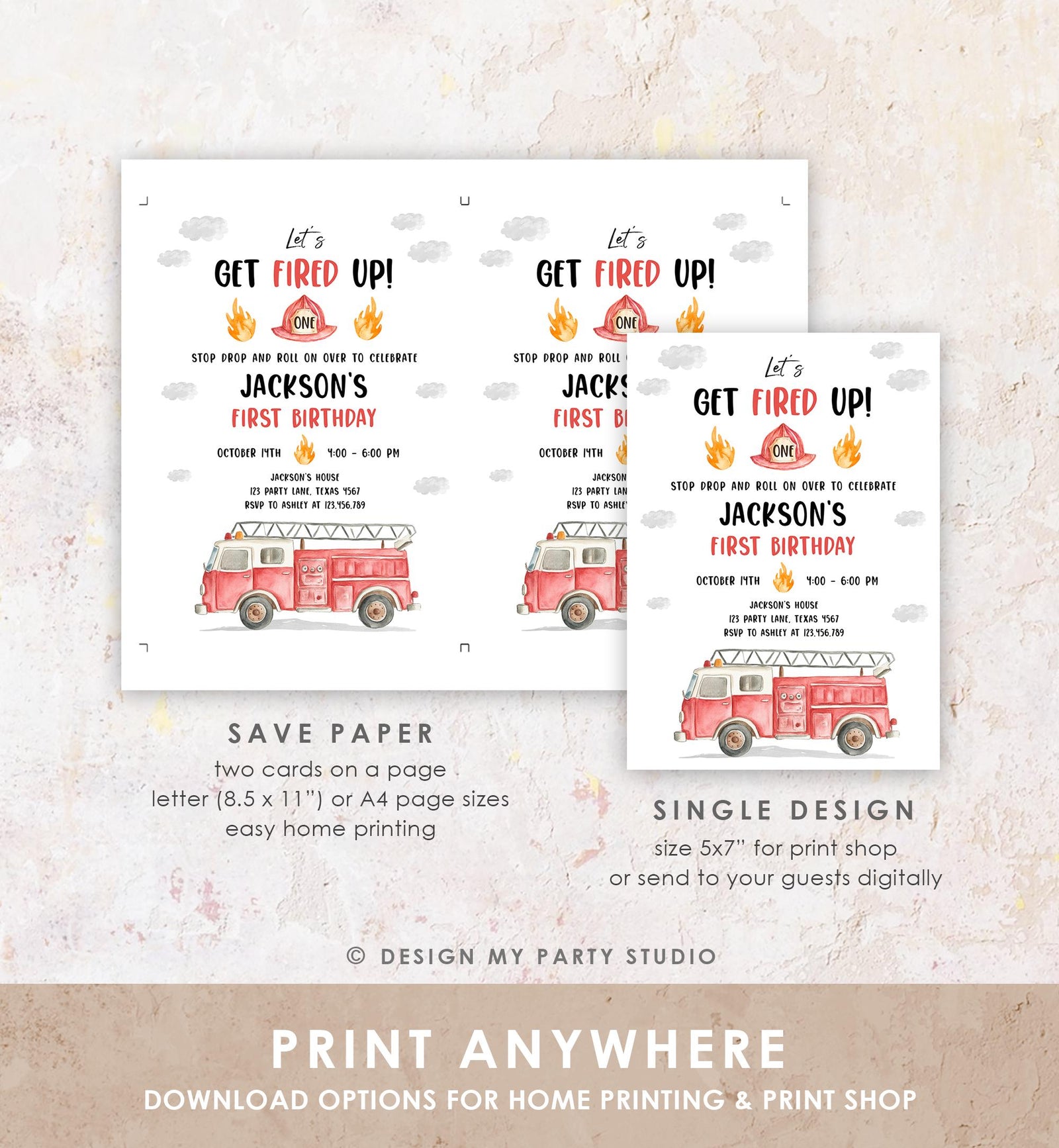 Editable Get Fired Up Birthday Invitation Firefighters Firetruck Fire Truck Boy Birthday Party Digital Evite Template Printable 0564